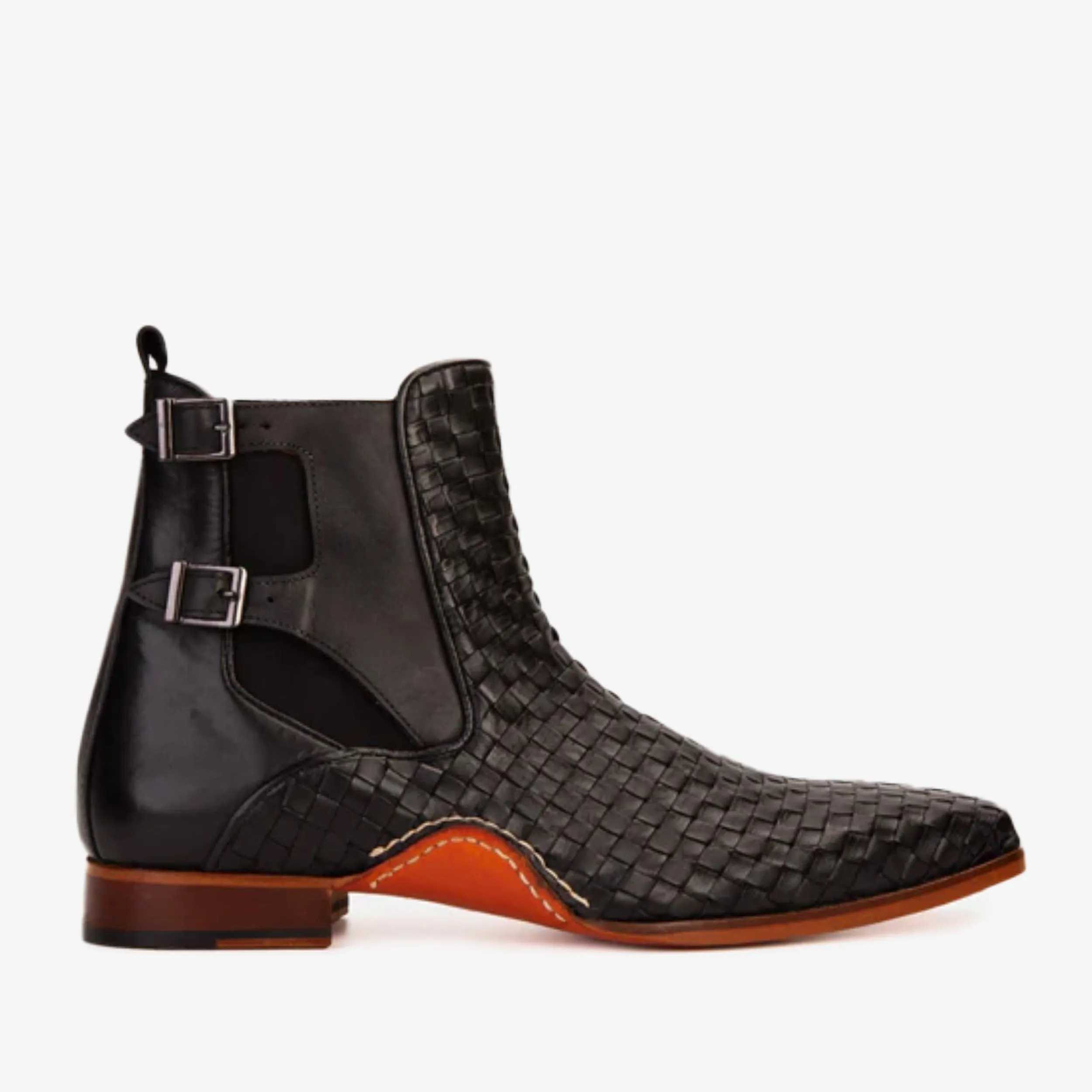 Cushioned Footbed The Rolls Boot Woven Black Leather Double Monk Strap Handmade Men Shoe