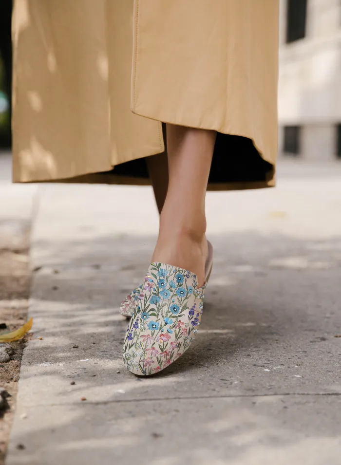 Floral Print Beige Mule Quick Lock Strap Foam