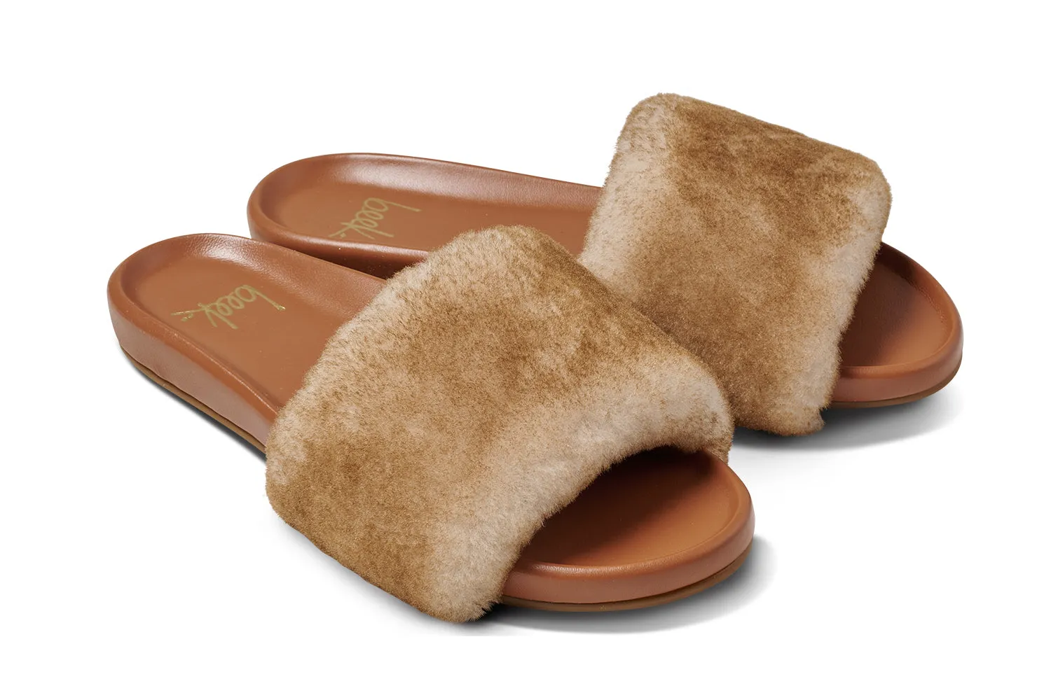 Gallito M??s Shearling slide sandals in honey/tan - product angle shot