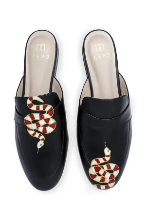 Soft Relaxation Beach Ready Slip Gold Snake Black Mule