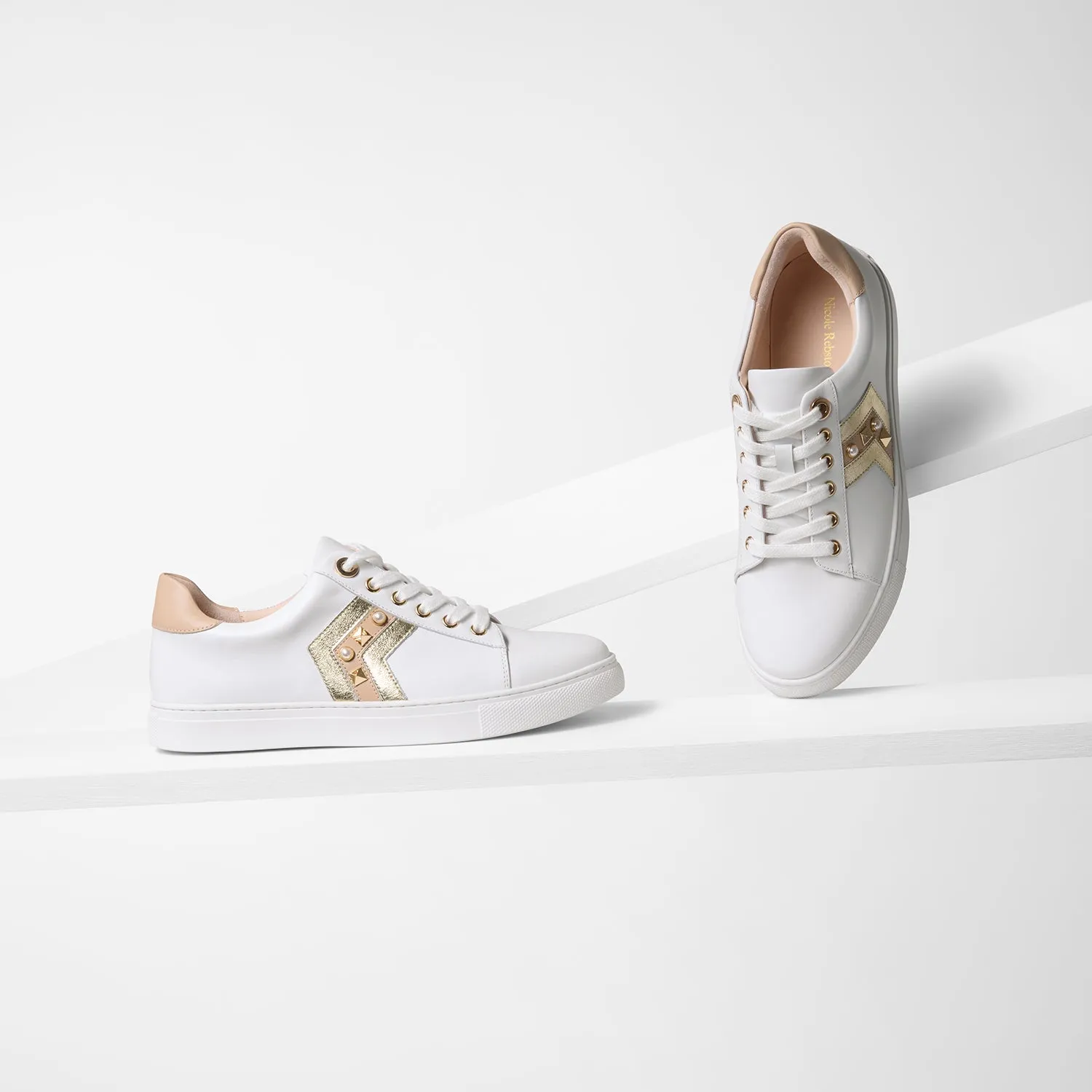 Gray Sneaker | White/Gold/Nude Leather Chunky Wedges