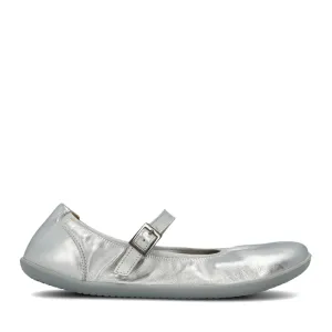 Silver Groundies Mary Jane with silver strap buckle and grey rubber soles. Right shoe is shown facing right against a white background. #color_silver