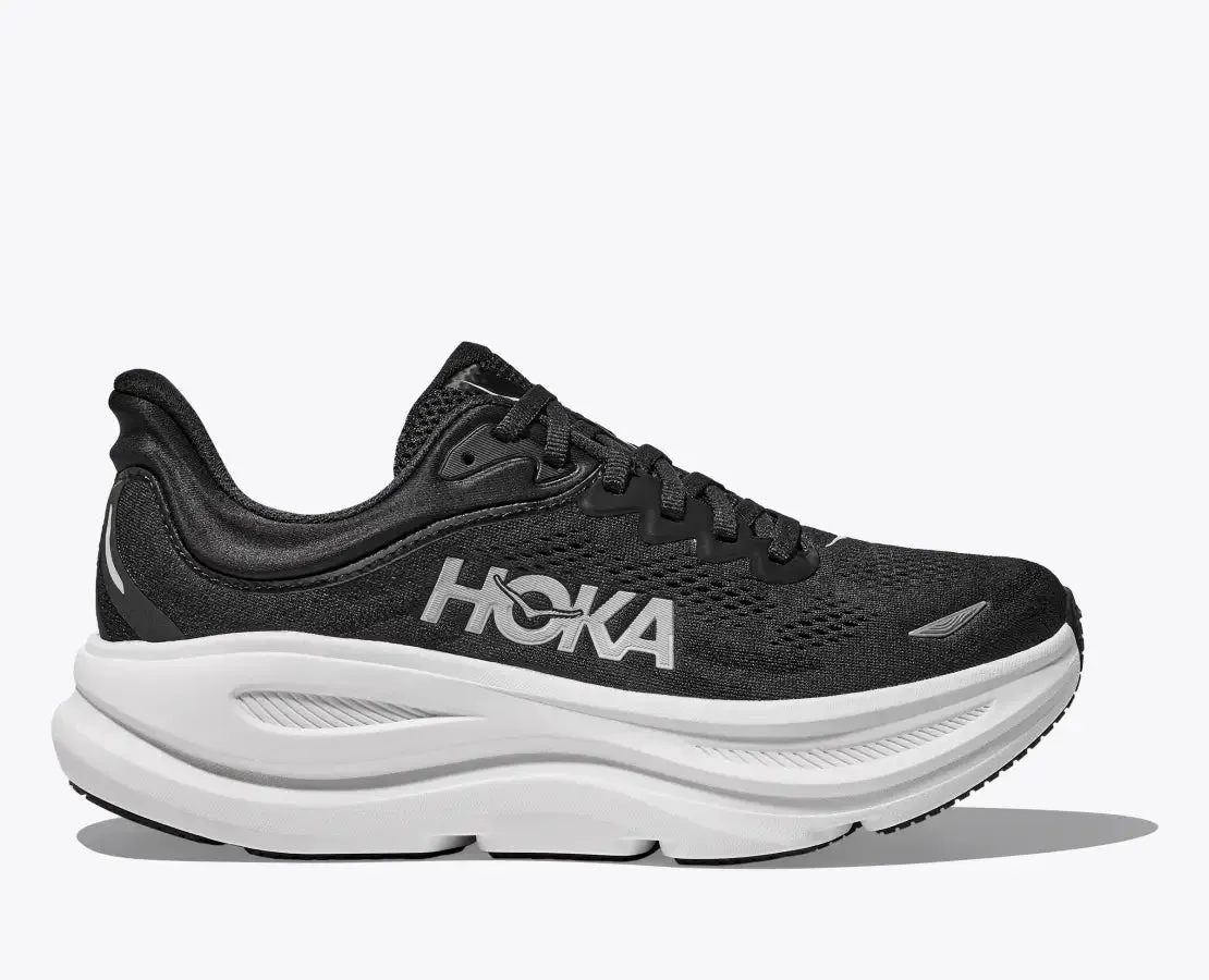HOKA ONE ONE BONDI 9 - WIDE - BLACK & WHITE Cushioned Support Fashion Edge
