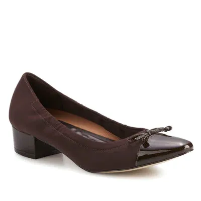 Hollis Pump: Brown Micro Fabric with Patent Leather I Walking Cradle Platform Heels