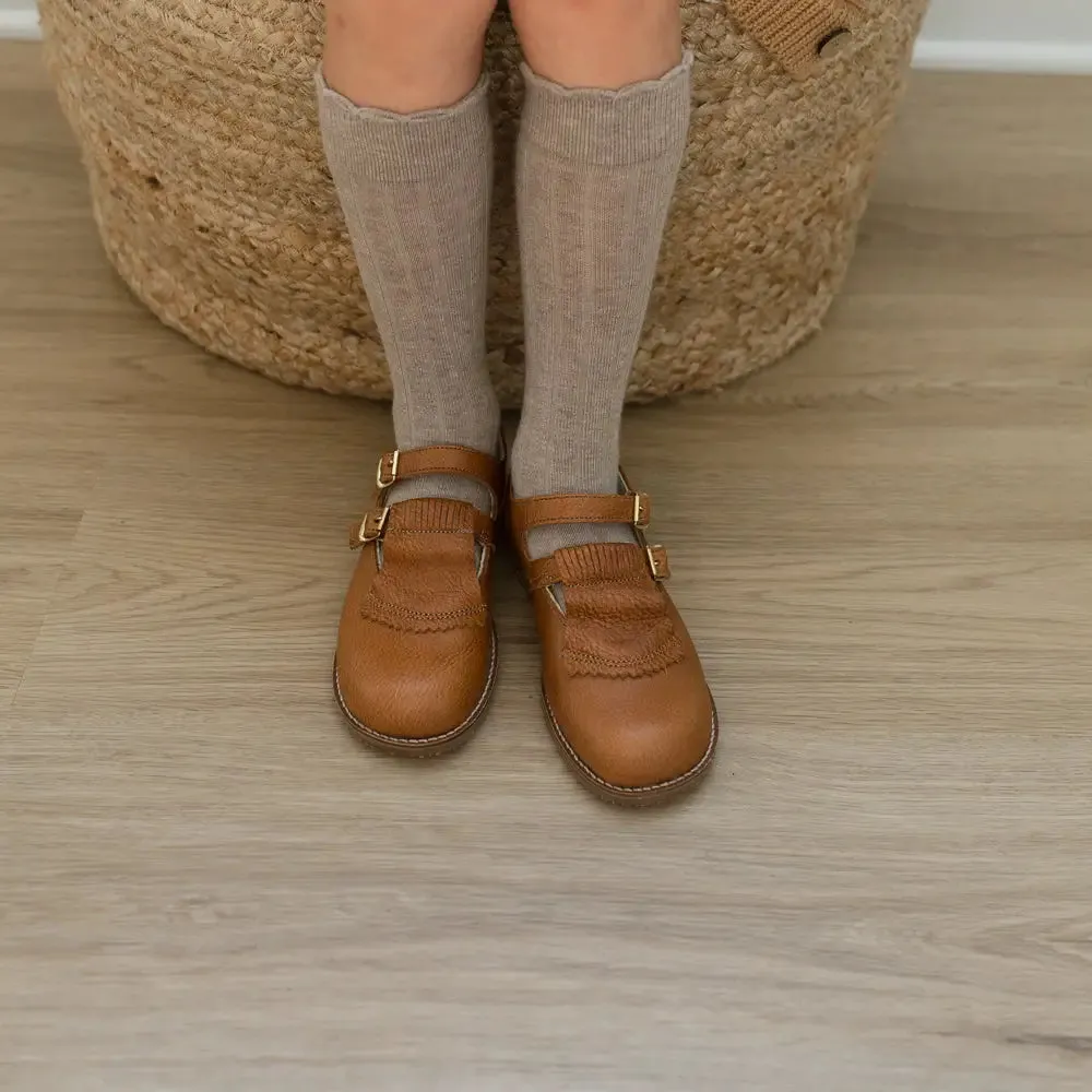 Kiltie T-Strap - Cognac Embellished Styles