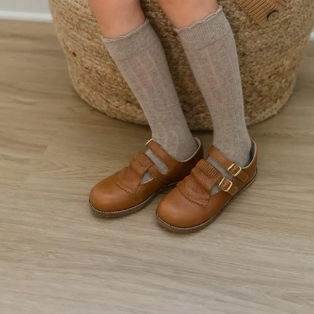Kiltie T-Strap - Cognac Embellished Styles