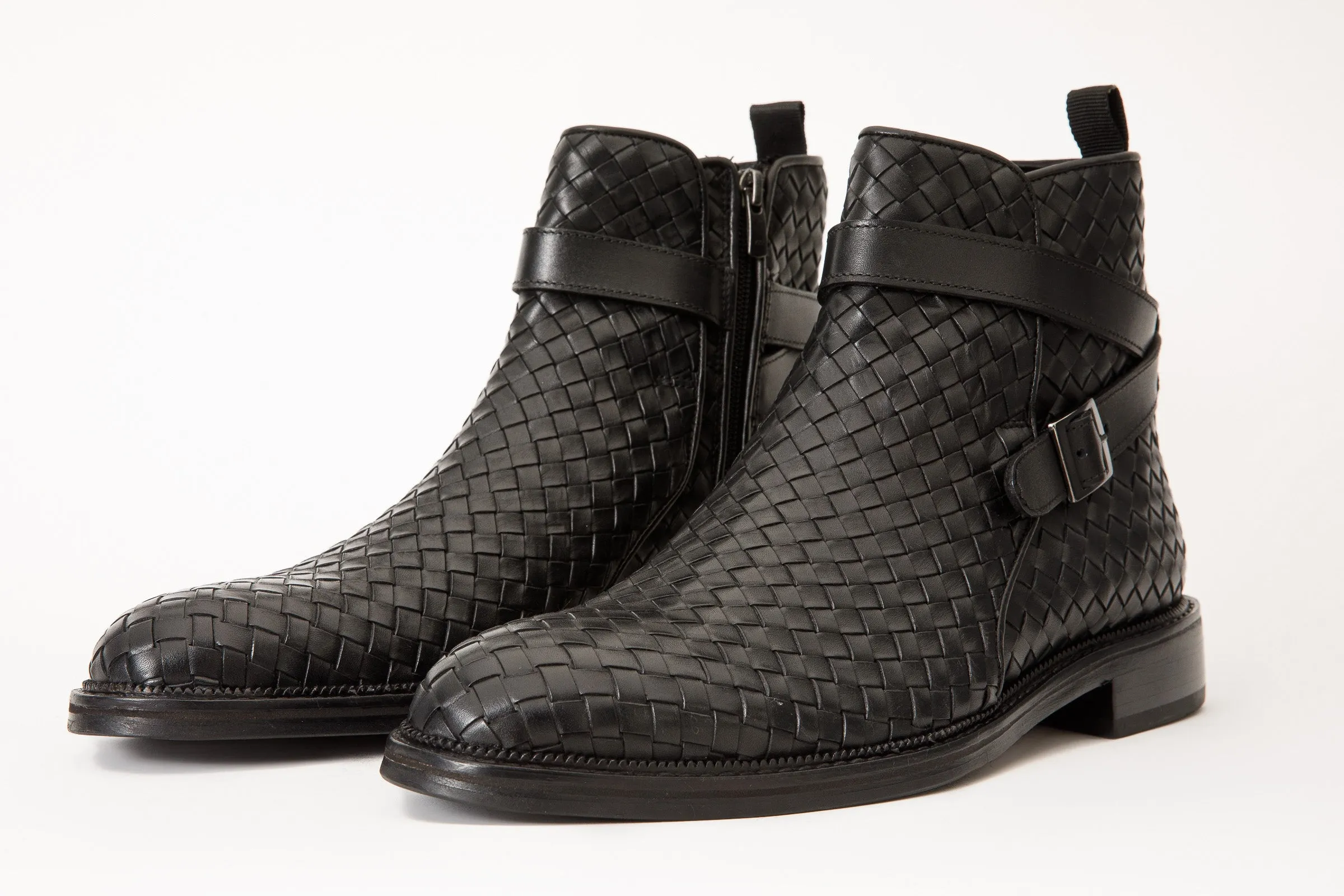 Kitten-Heel The Morral Black Handwoven Leather Cross Strap Buckle Zip-Up Men Boot