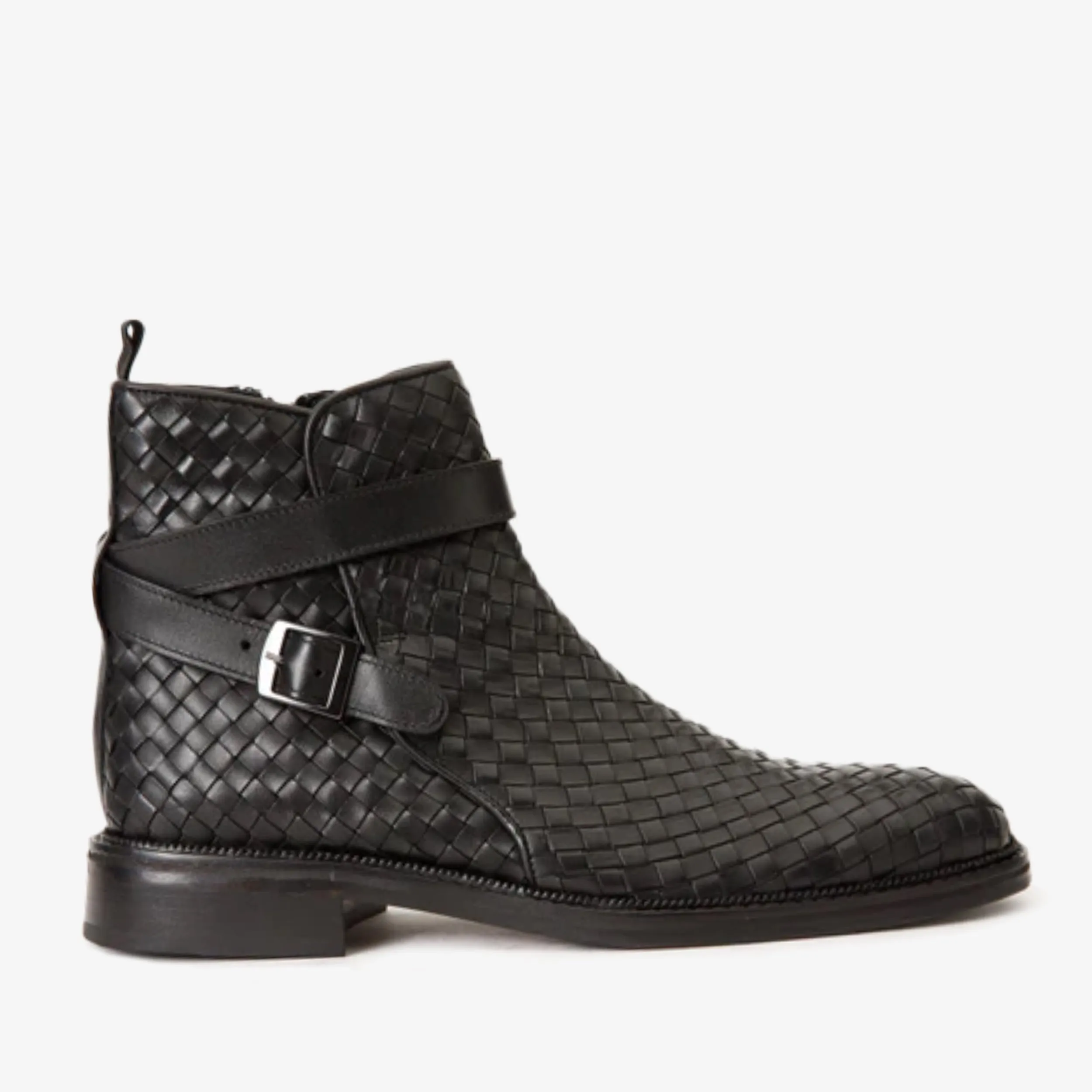 Queen Touch The Morral Black Handwoven Leather Cross Strap Buckle Zip-Up Men Boot