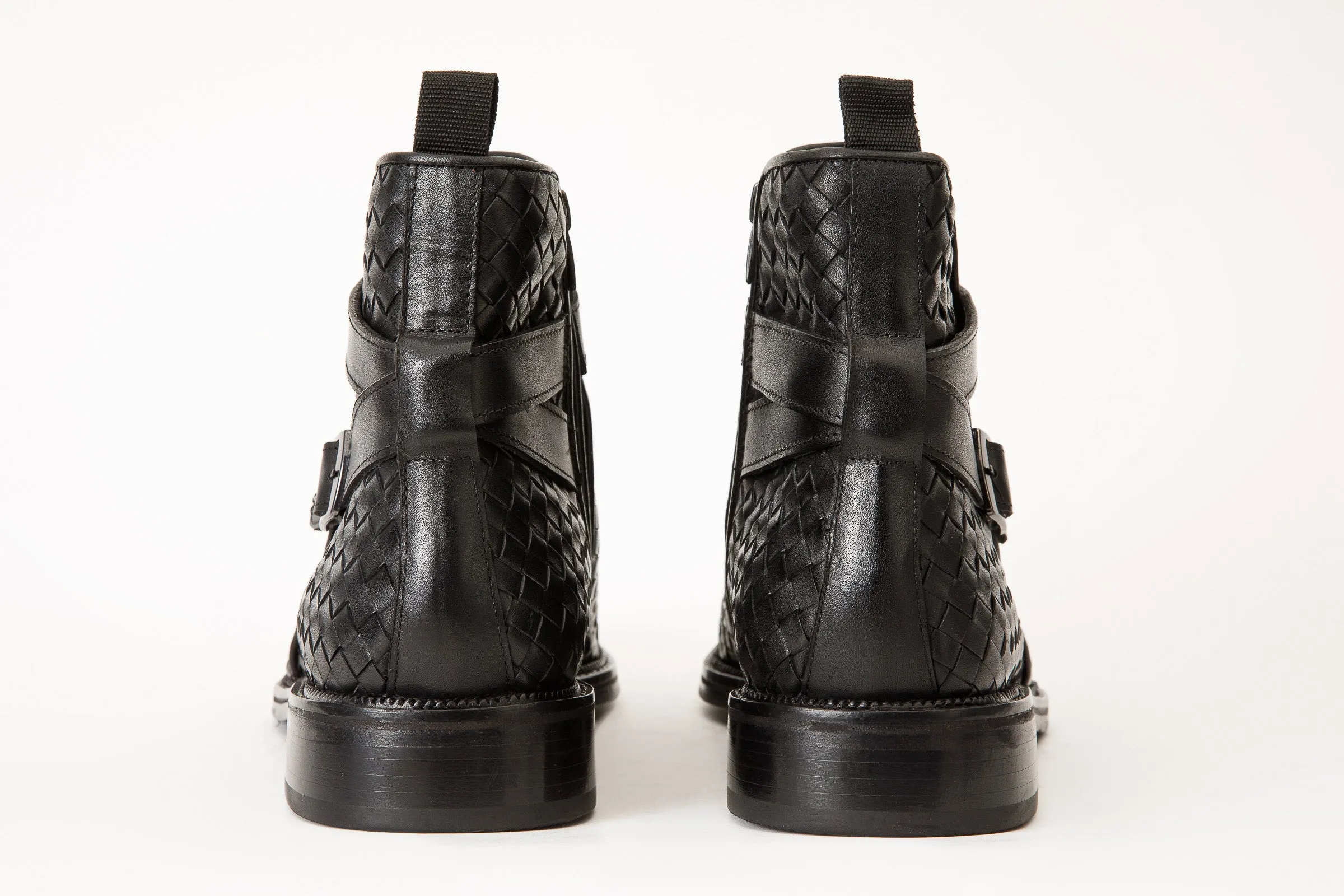 Kitten-Heel The Morral Black Handwoven Leather Cross Strap Buckle Zip-Up Men Boot