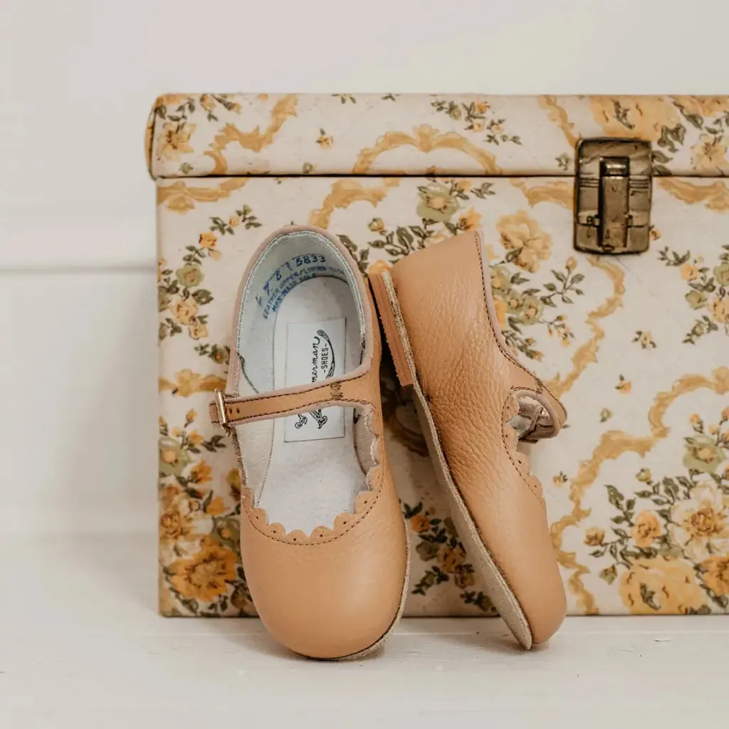 Lace Up Style Scalloped Mary Jane - Camel