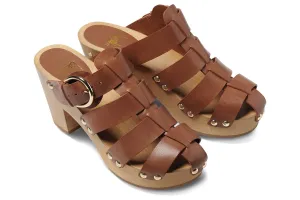 Magpie leather heeled clogs in cognac - angle shot