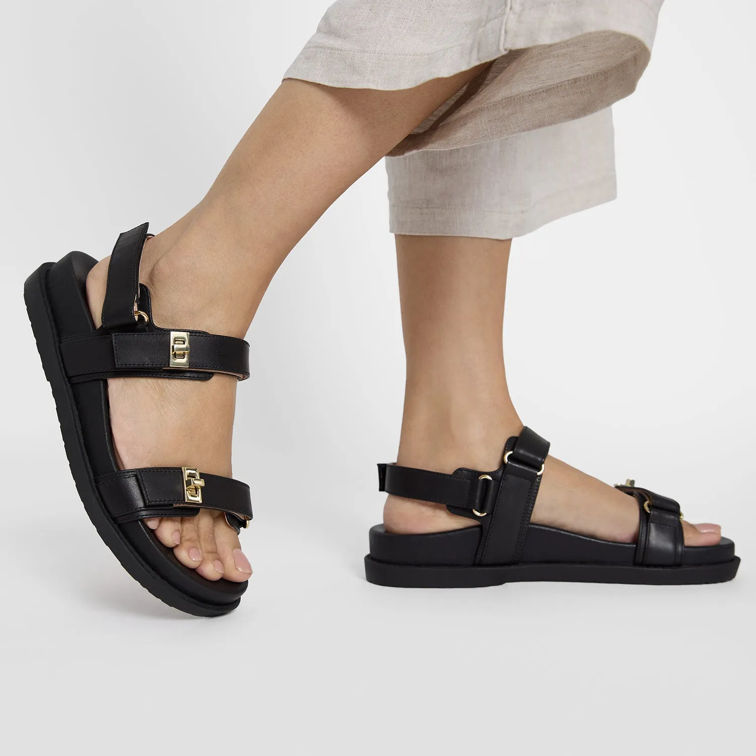 Maine Flat Sandal | Black Leather Party Heels