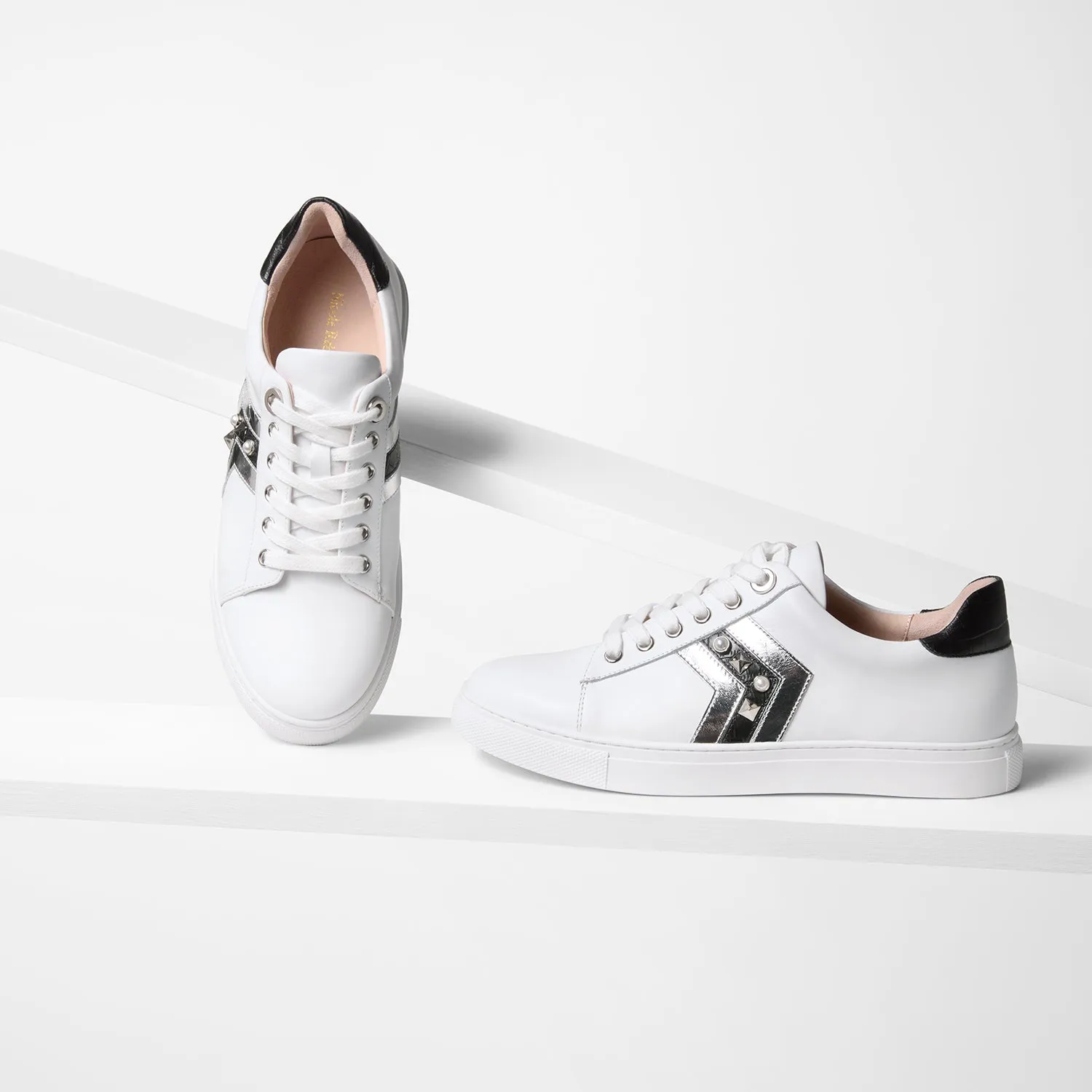 Metal Heels Gray Sneaker | White/Silver/Black leather