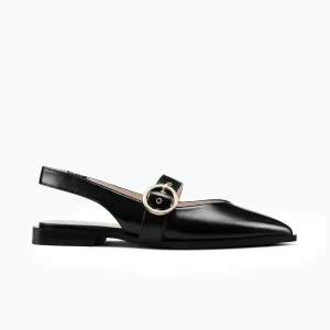 Suede Heels Winter High Heels Valencia Flat Slingback | Black oiled leather