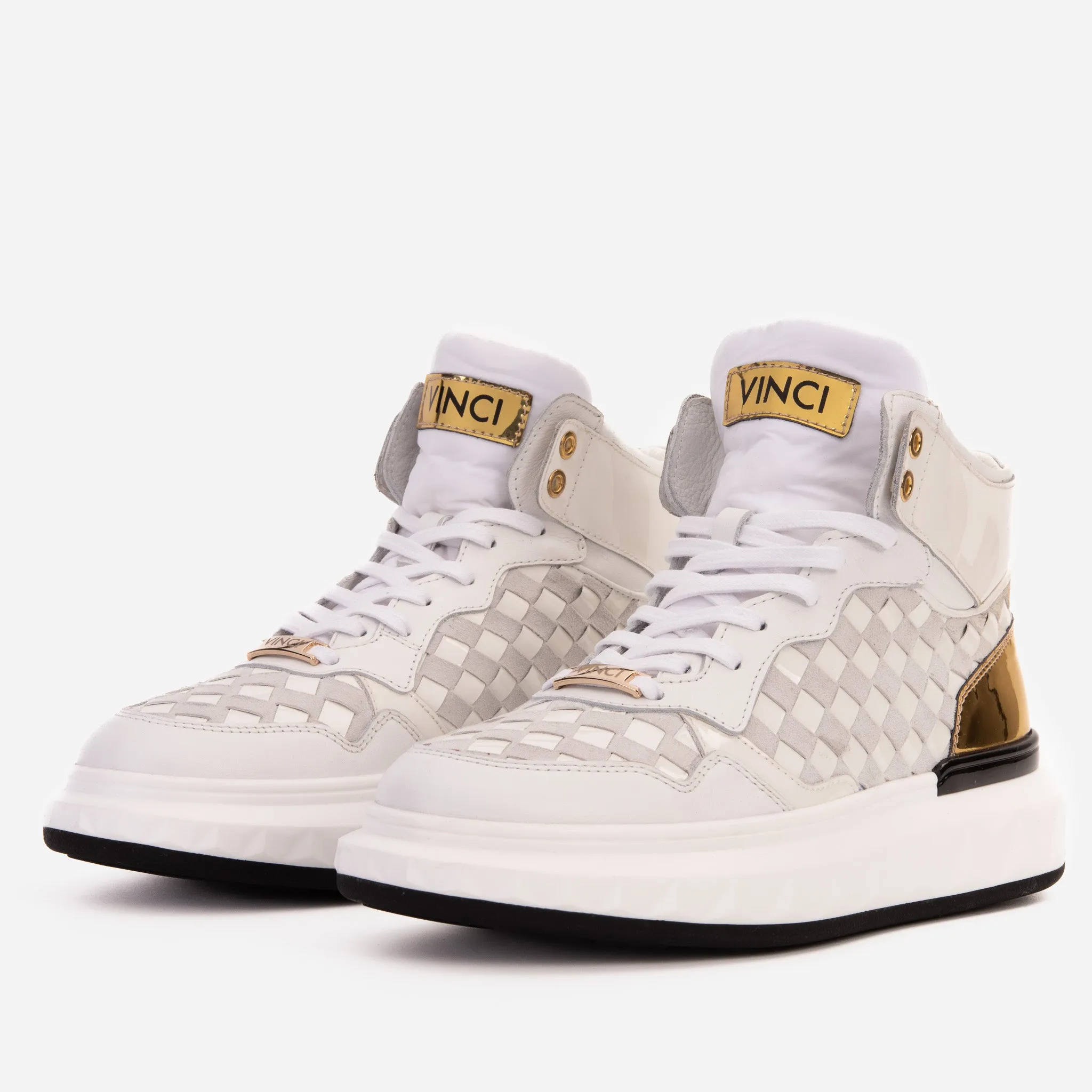 Midfoot-Lock The Eugene White & Gold Woven Leather High-Top Men Sneaker