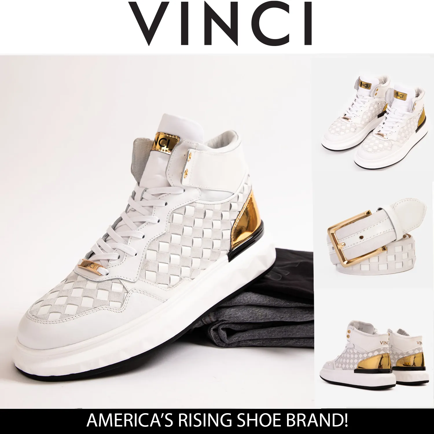 Midfoot-Lock The Eugene White & Gold Woven Leather High-Top Men Sneaker