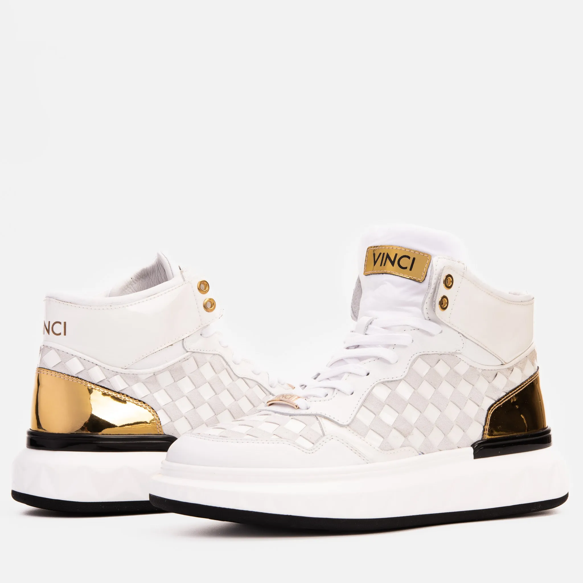 Midfoot-Lock The Eugene White & Gold Woven Leather High-Top Men Sneaker