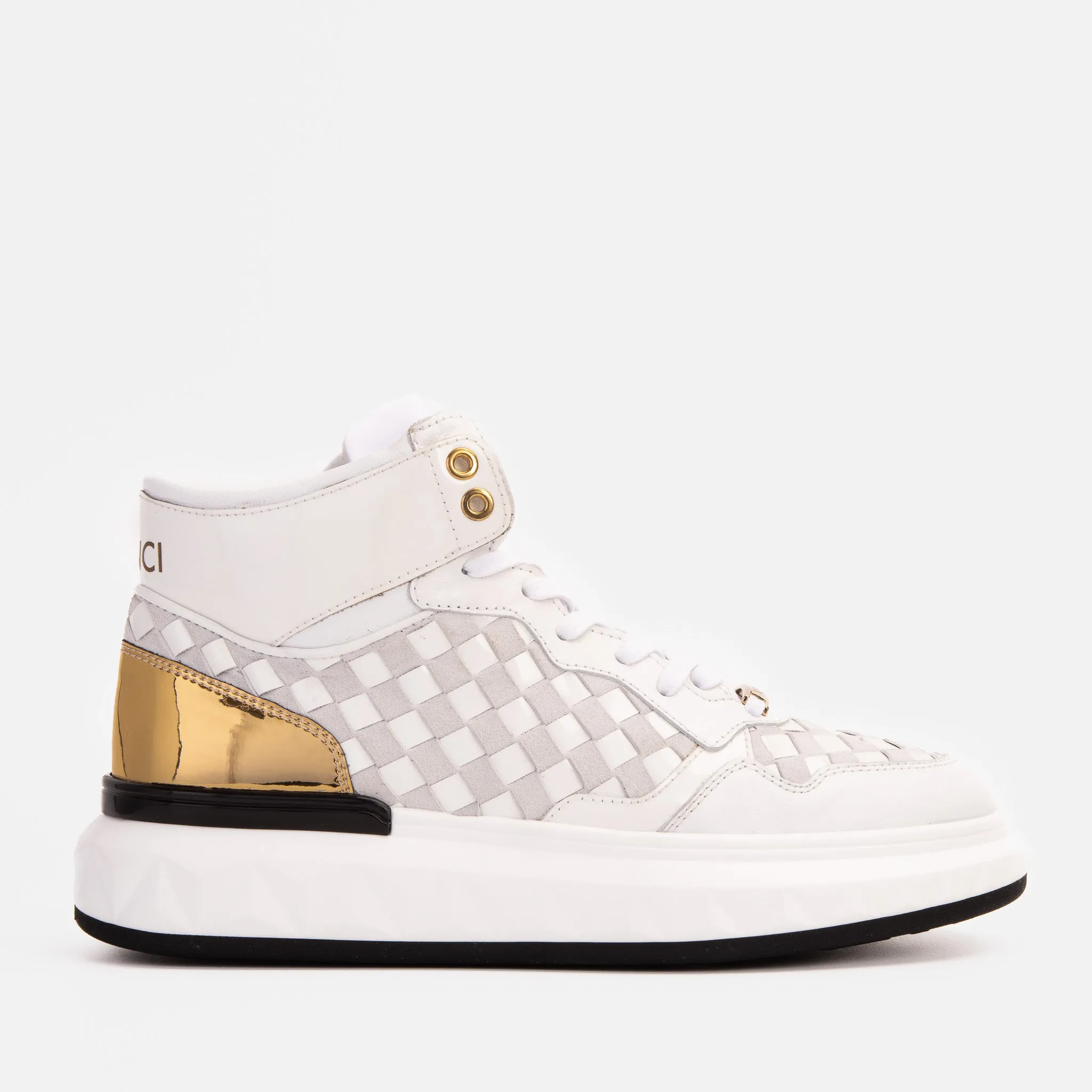 Fiber Mix Care Ease The Eugene White & Gold Woven Leather High-Top Men Sneaker