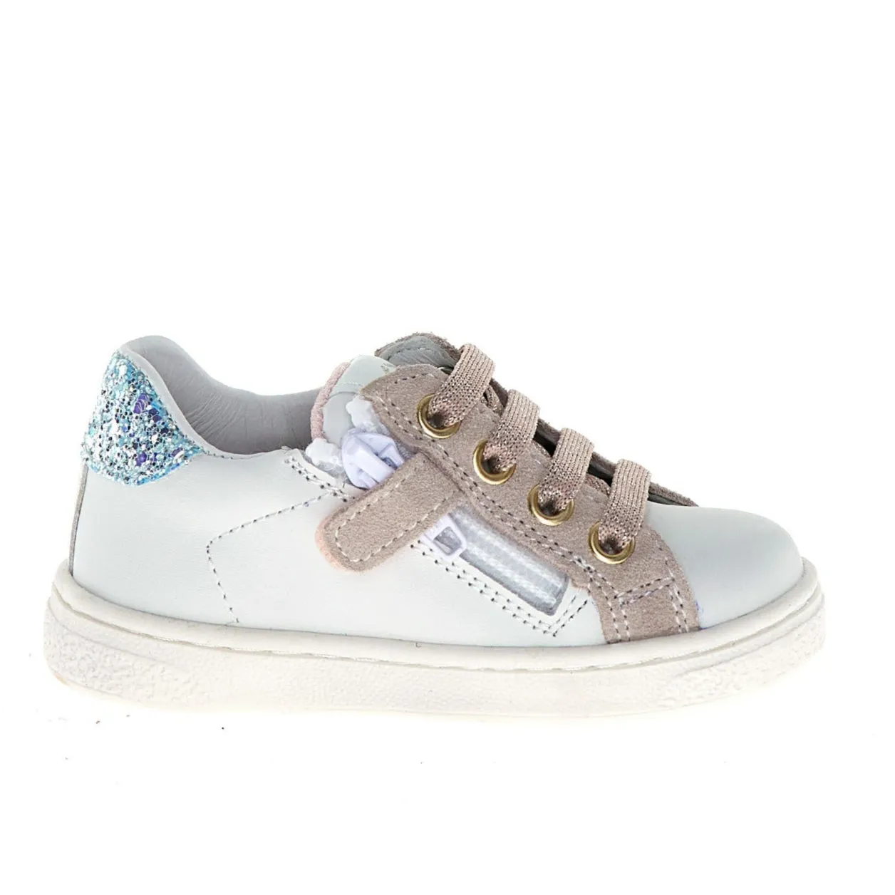 Naturino Girls Pinn Zip Lace Up Casual Shoes - White/Cipria/Celeste Buckle Kids