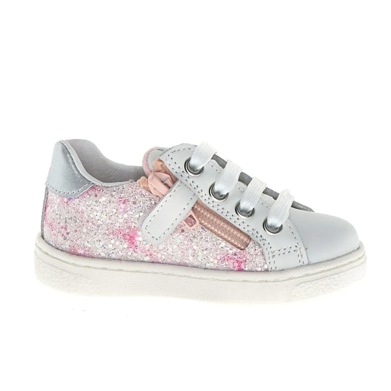 Naturino Girl's Pinn Zip Lace Up Casual Shoes - White/Pink/Silver Adolescent Shoes