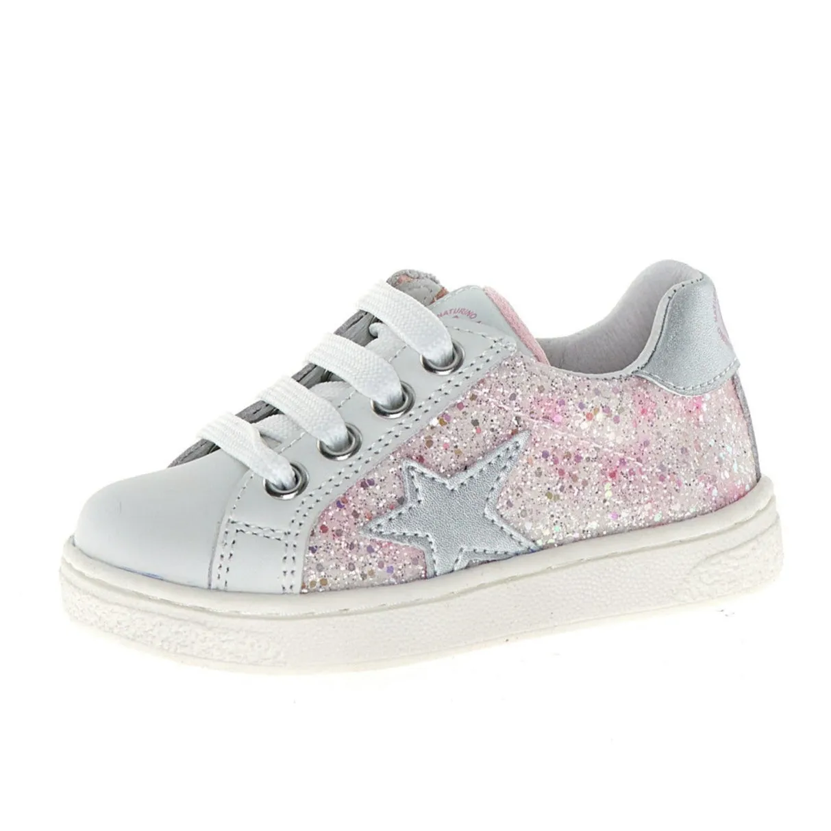 Naturino Girl's Pinn Zip Lace Up Casual Shoes - White/Pink/Silver Adolescent Shoes