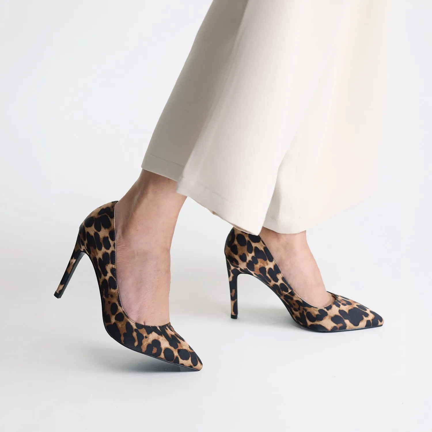 Nemesis 95mm Heel | Leopard Print Satin Adjustable Stilettos