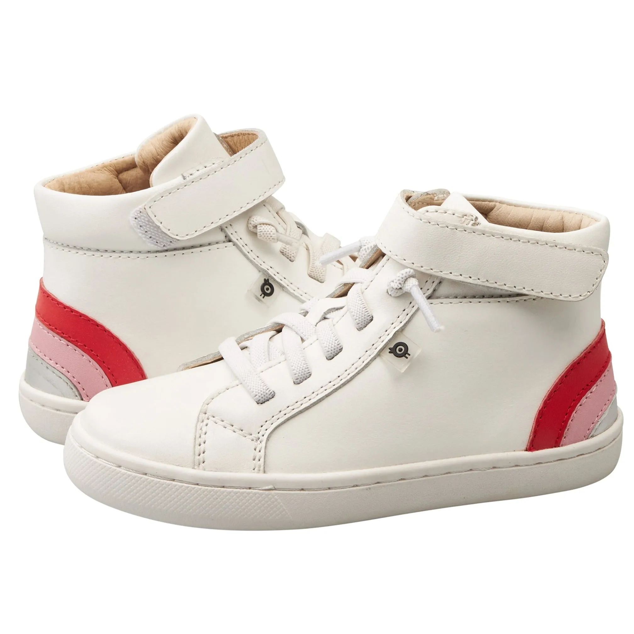 Basketball - inspired kids' shoes Old Soles Girl's 6157 Sneaky Rainbow High-Top Sneakers - Snow/Bright Red/Pearlized Pink/Silver