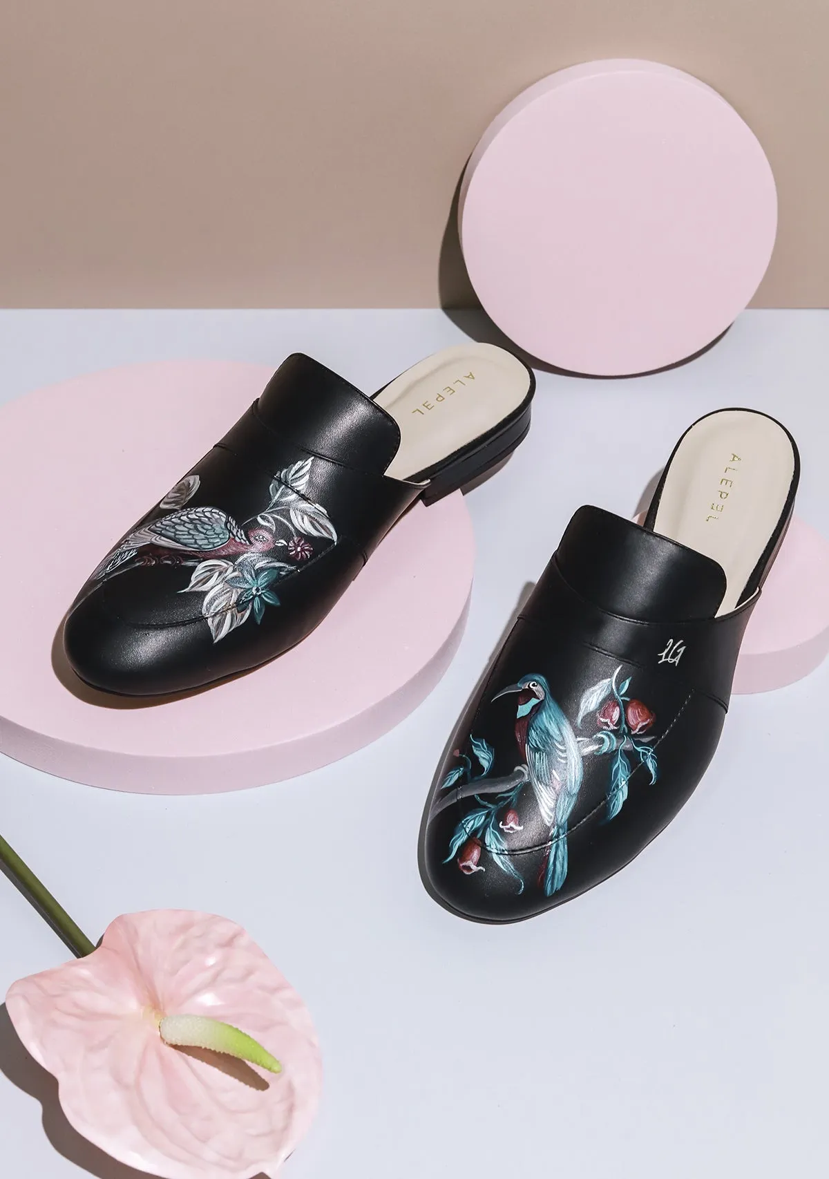 Open Toe Plum Birds Black Mule
