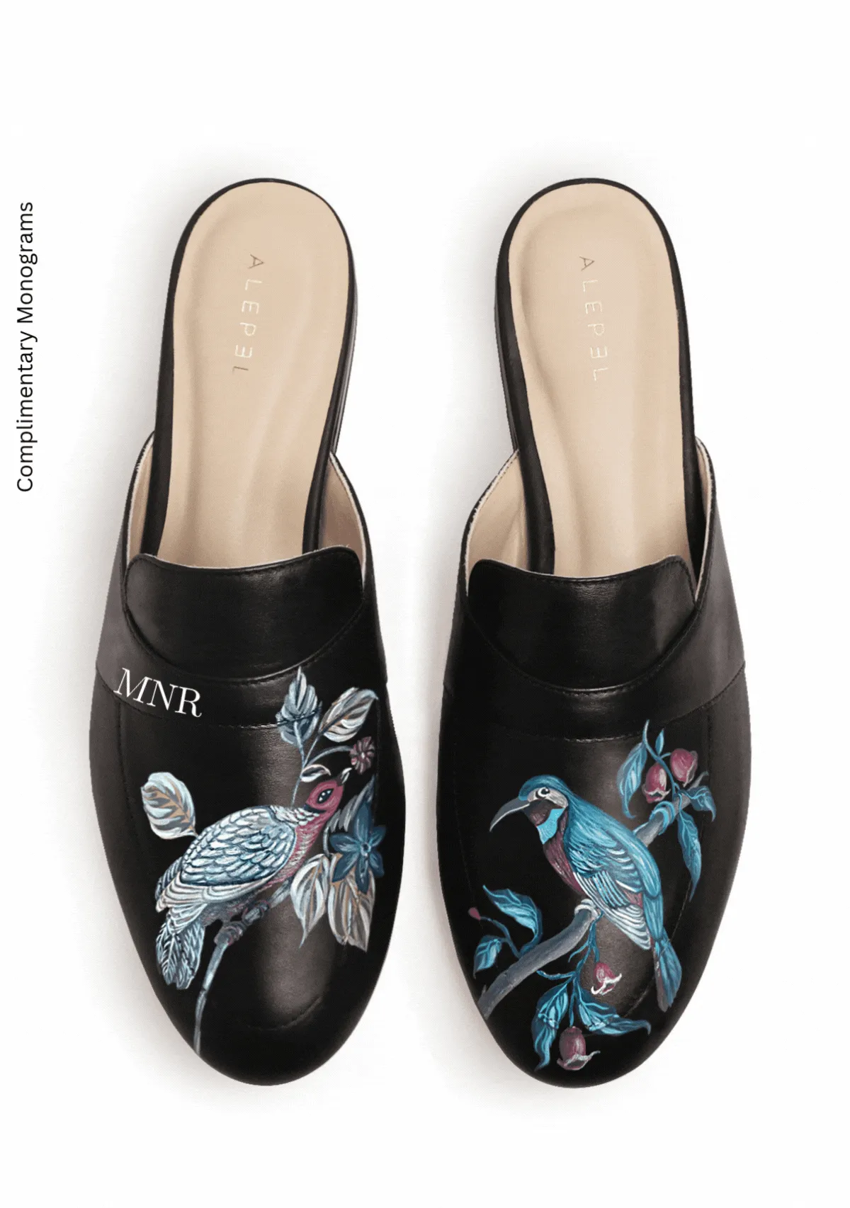 Open Toe Plum Birds Black Mule