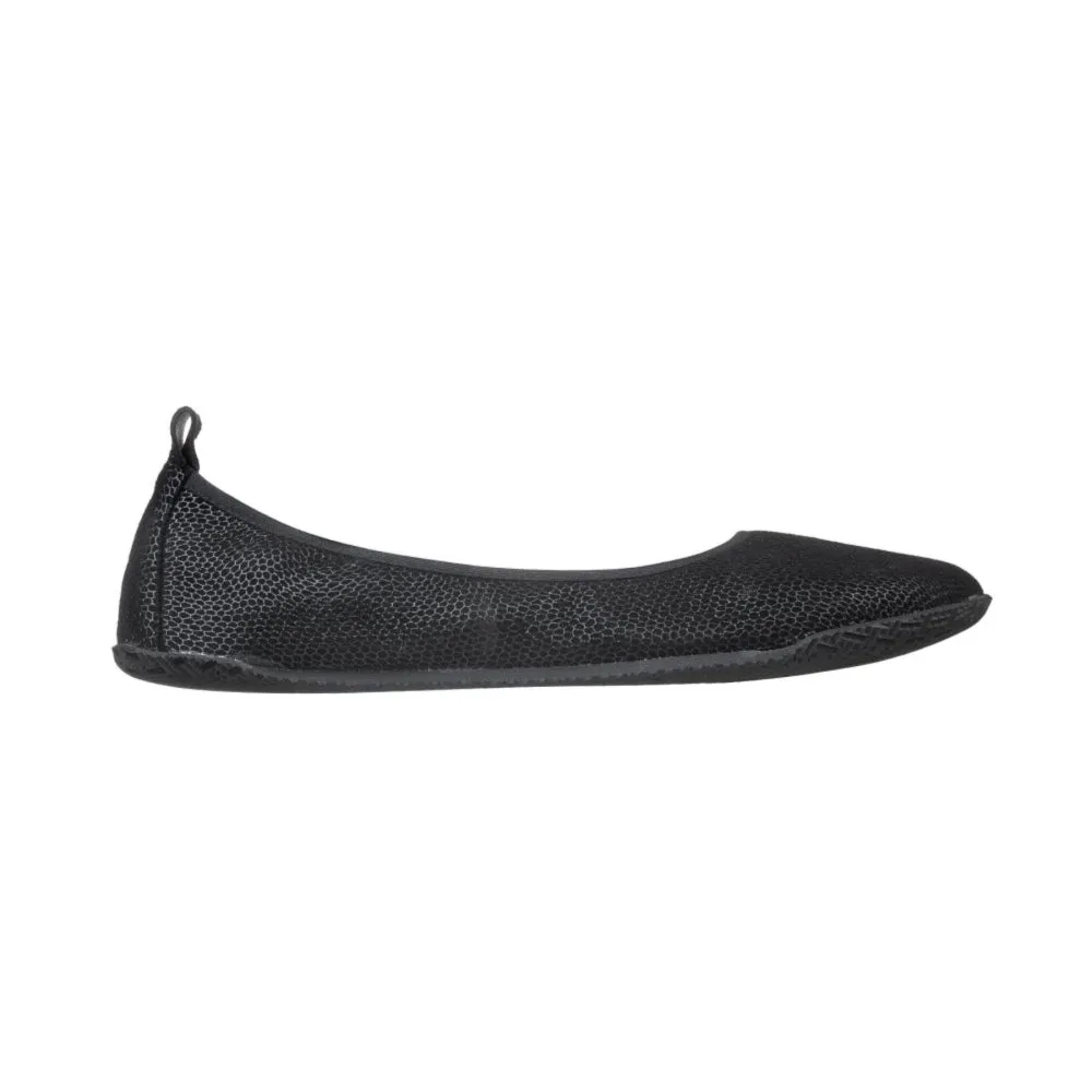Sparkly black leather Peerko Petite flats made with rubber soles. Shoes are simple in design with a small pull tab at the top of the heel. Right shoe is shown facing right against a white background. #color_twinkle-black