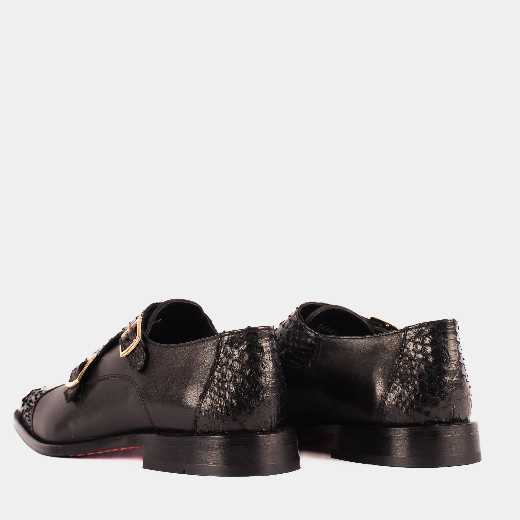Point-Heel The Bishkek Black Leather Cap Toe Double Monk Strap Men Shoe