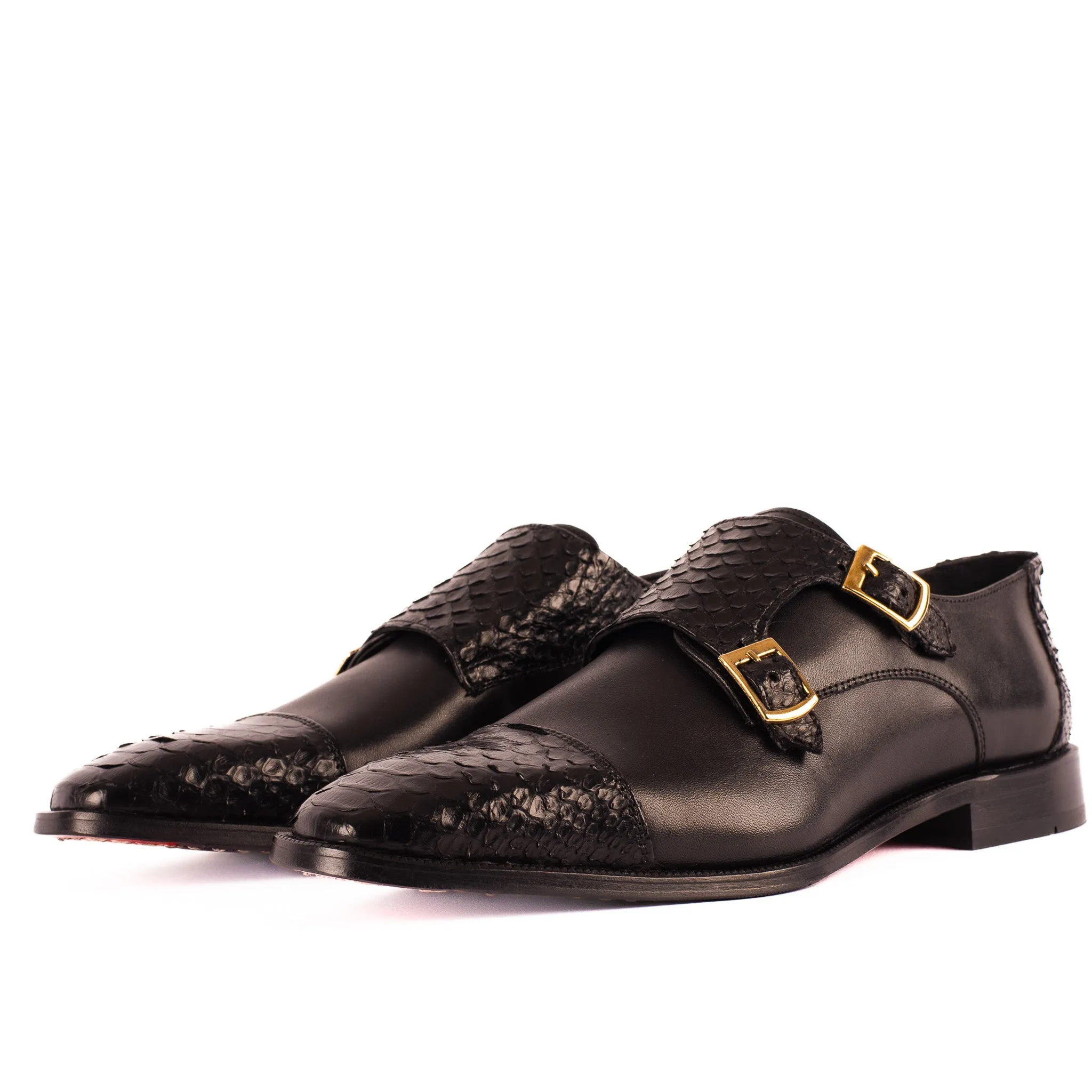 Point-Heel The Bishkek Black Leather Cap Toe Double Monk Strap Men Shoe