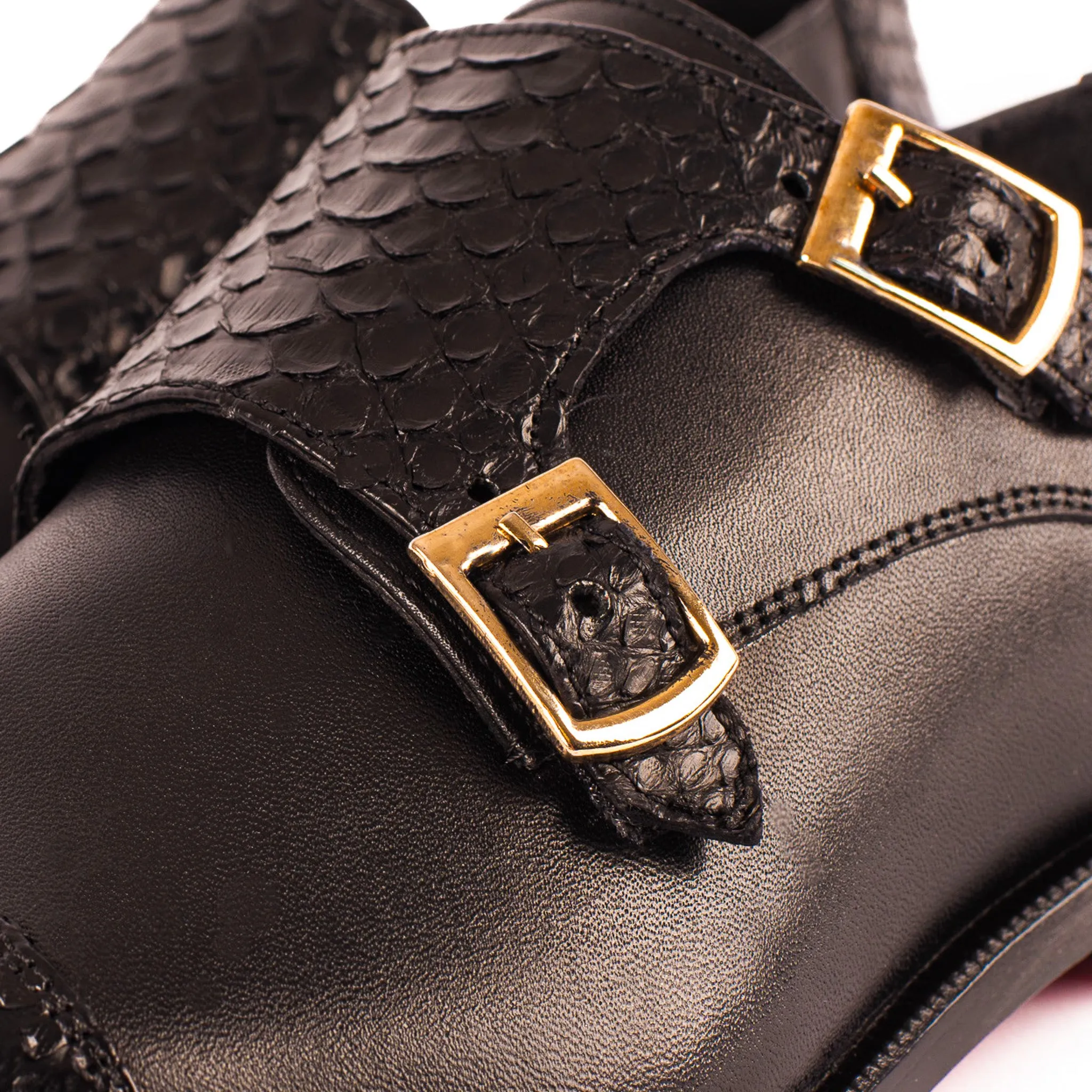 Point-Heel The Bishkek Black Leather Cap Toe Double Monk Strap Men Shoe