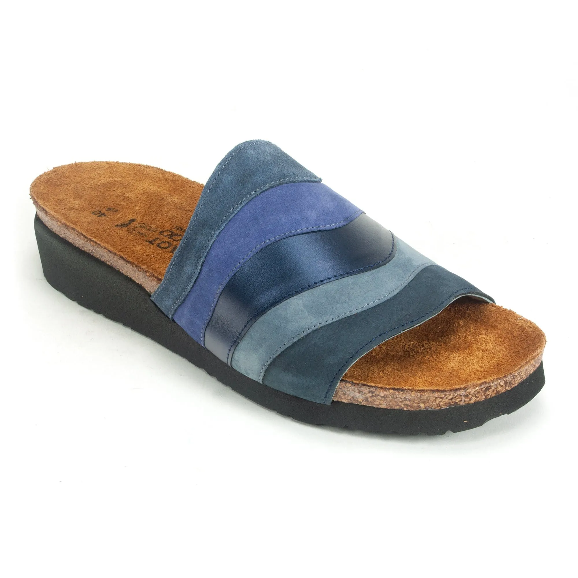 Naot Portia Wedge Slide Sandal (4032) Womens Shoes Midnight Blue Suede/Indigo Nubuck/Polar Sea Lthr/Feathery Blue Nubuck/ Navy Velvet Nubuck