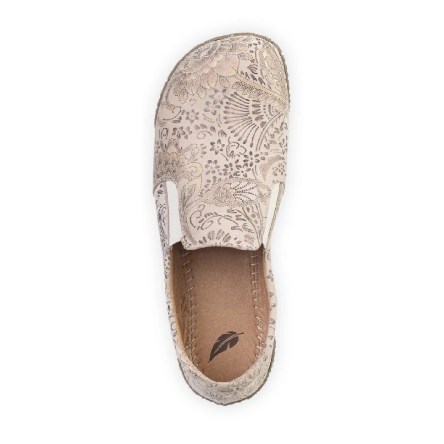Light tan Peerko Trim leather loafer with a metallic floral pattern, tan rubber soles, and two small elastic panels. Left shoe is shown from above against a white background. #color_savana