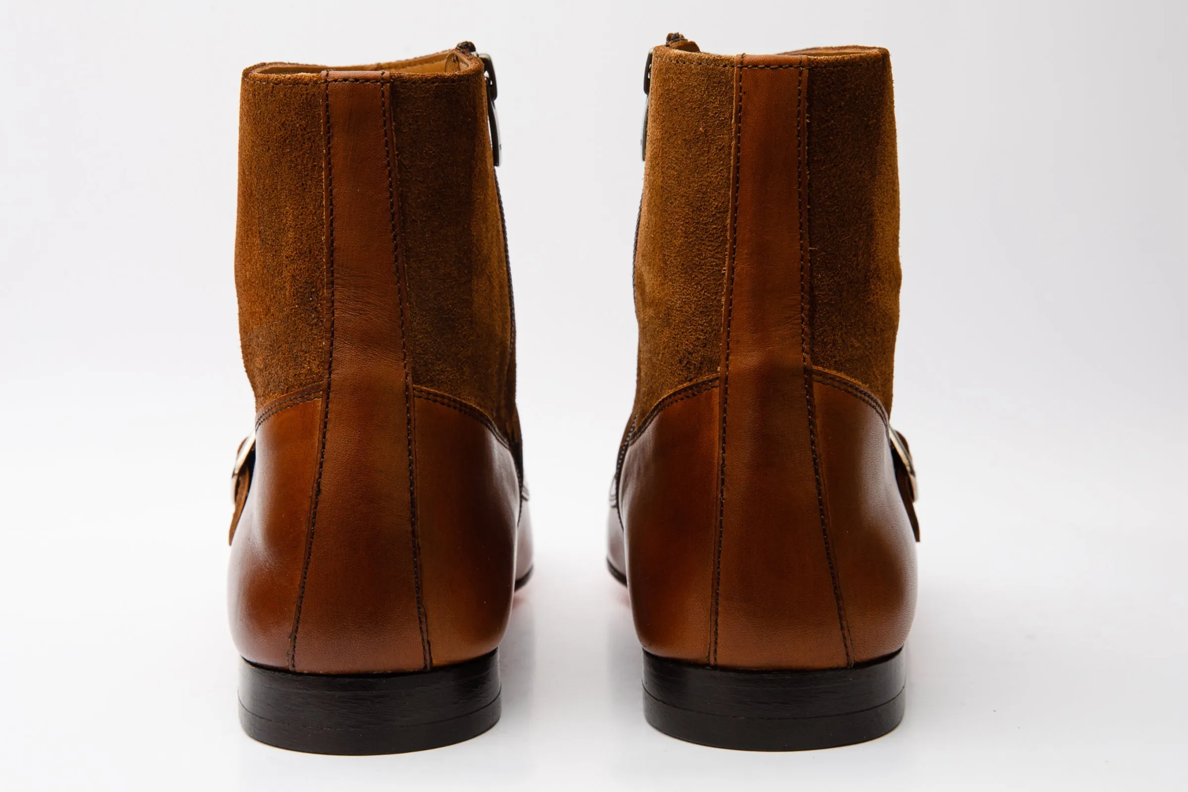 Preston Tan Leather & Suede Double Monk Strap Ankle Men Boot Zero-drop