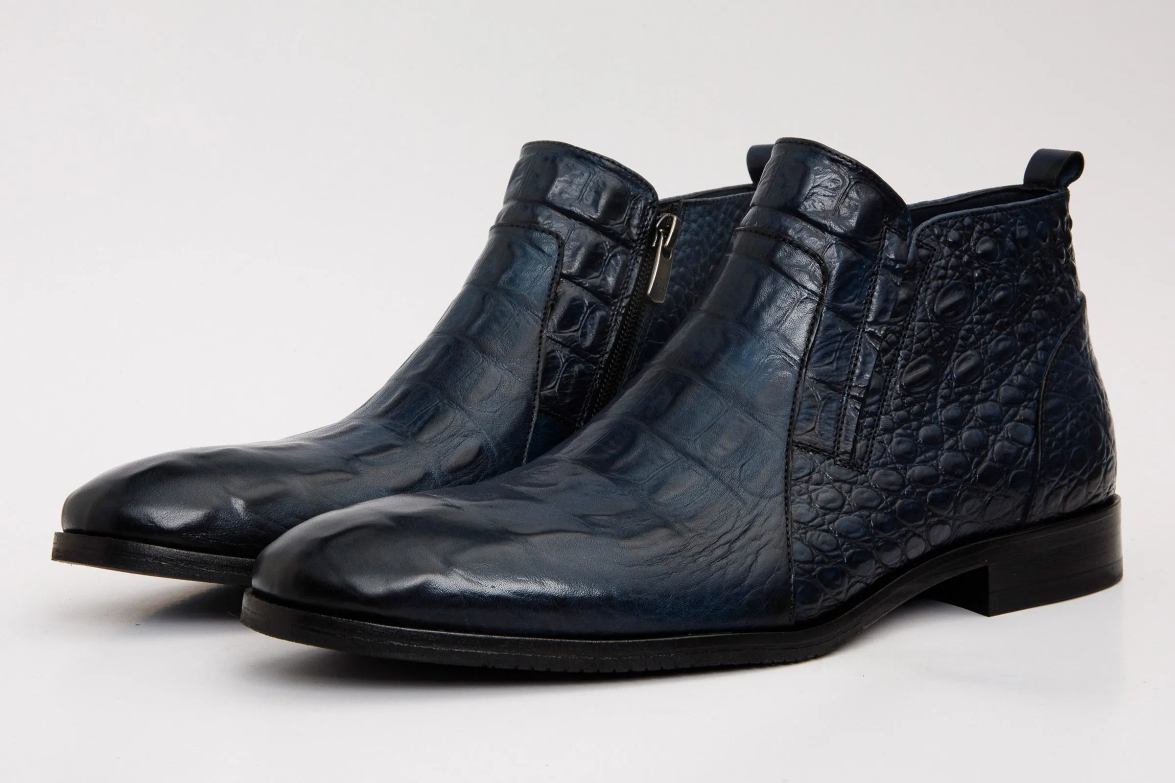 Round-toe The Randor Navy Blue Crocodile Leather Side-Zip Dress Ankle Men Boot