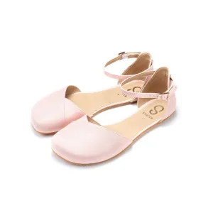 Rose leather Shapen Poppy D??orsay dressy flats with a tan footbed and tan rubber soles. The flats have a heel cup held on by a dainty, patent leather ankle strap. Both flats are shown facing diagonally left against a white background. #color_rose