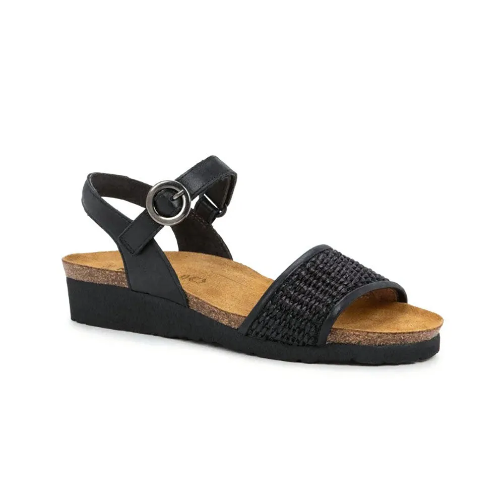 Naot Cecile Sandal Womens Shoes Shiny Blk/Blk Raffia