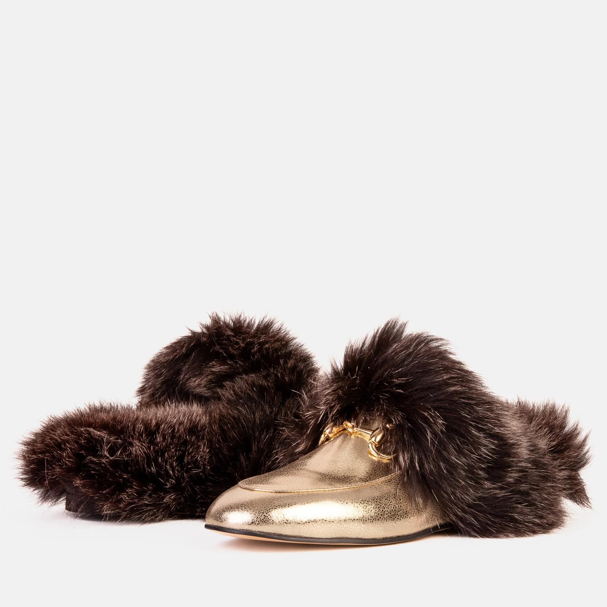Simple Wear The Izmir Gold Leather Natural Fur Women Slipper