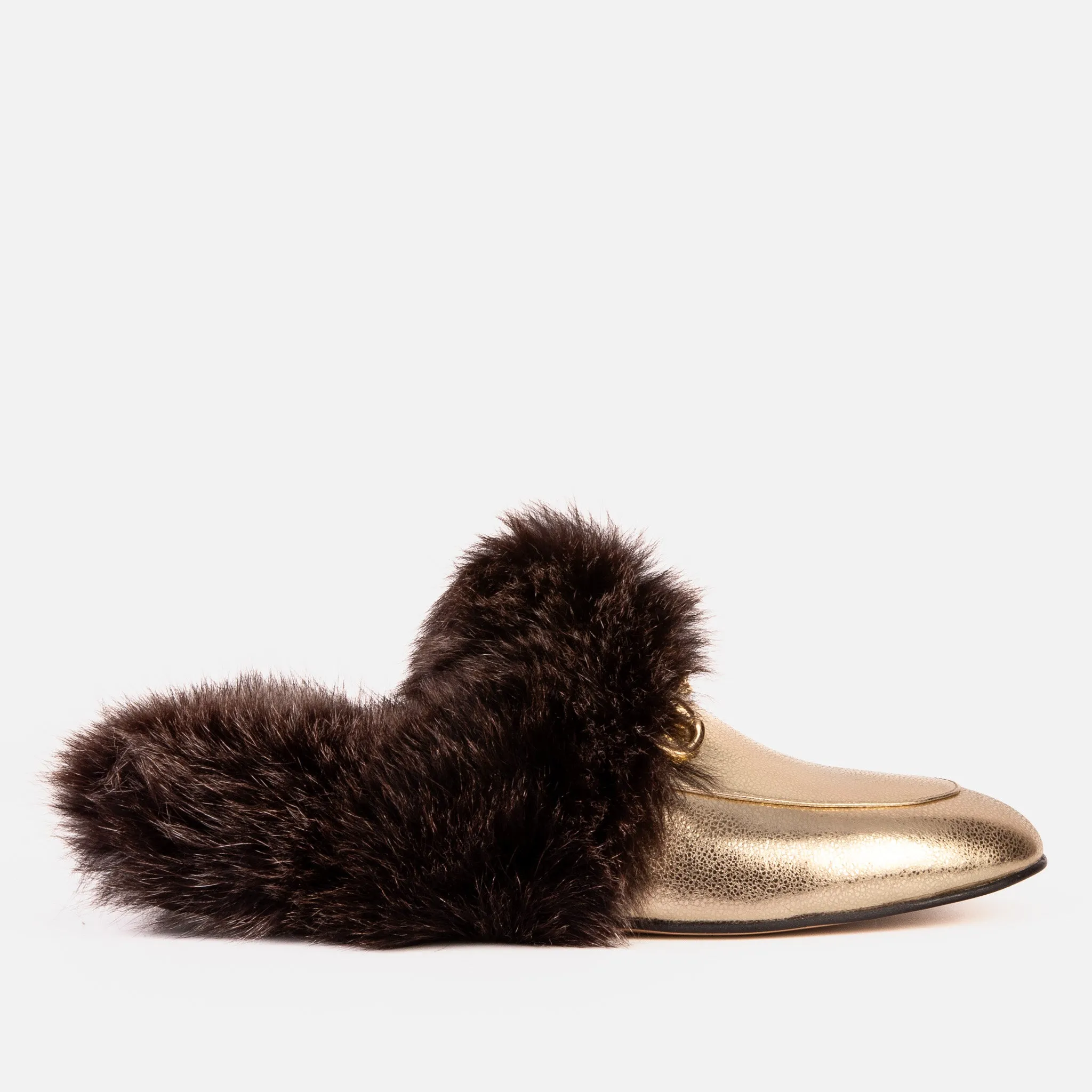Practical Walk Breathable Material The Izmir Gold Leather Natural Fur Women Slipper