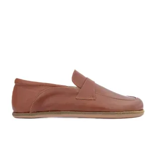Smooth brown leather Dalia loafers By Anya with tan lining, and tan leather and rubber soles. Shoes are a classic loafer design with a curved detail back by the heel. Right shoe is shown facing right against a white background. #color_brown