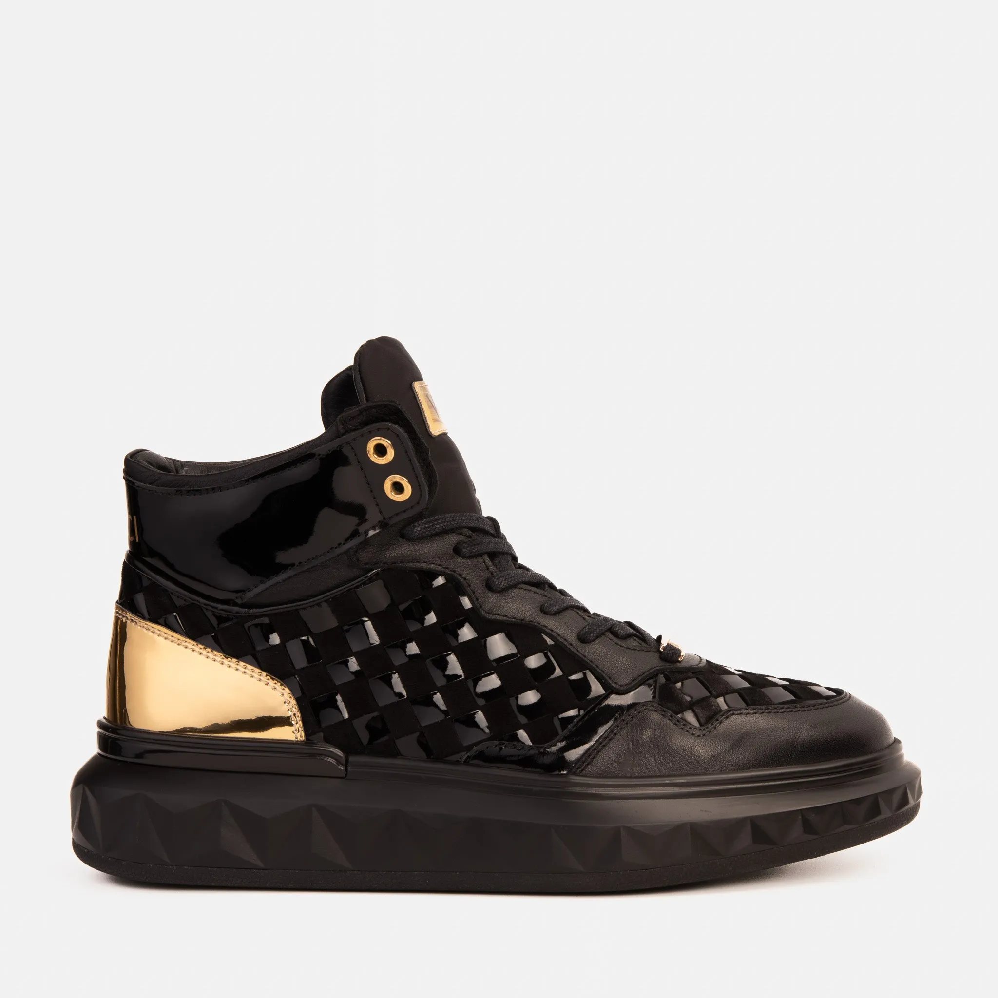 The Eugene Black & Gold Woven Leather High-Top Men Sneaker Pool Ready Scandi Clean