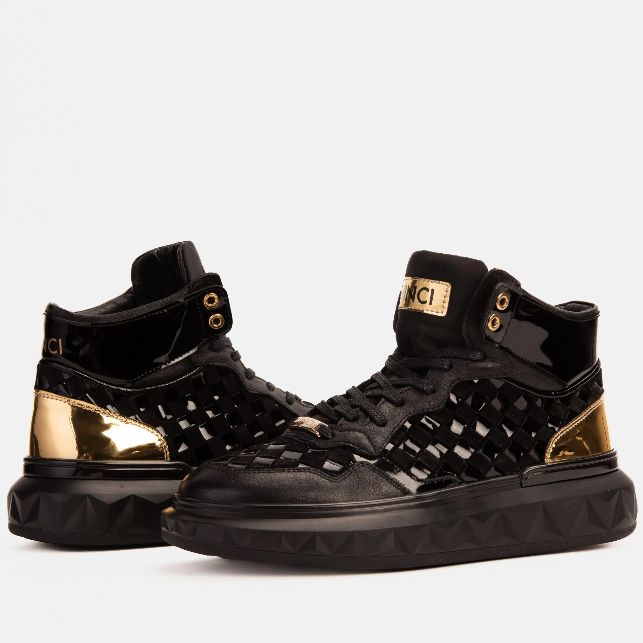 Snow-Pro The Eugene Black & Gold Woven Leather High-Top Men Sneaker