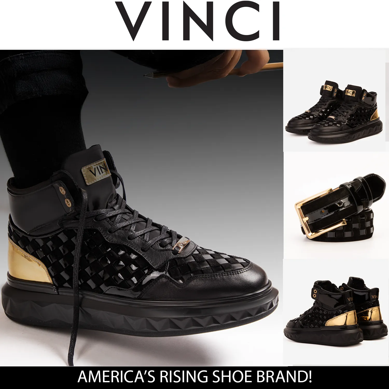 Snow-Pro The Eugene Black & Gold Woven Leather High-Top Men Sneaker