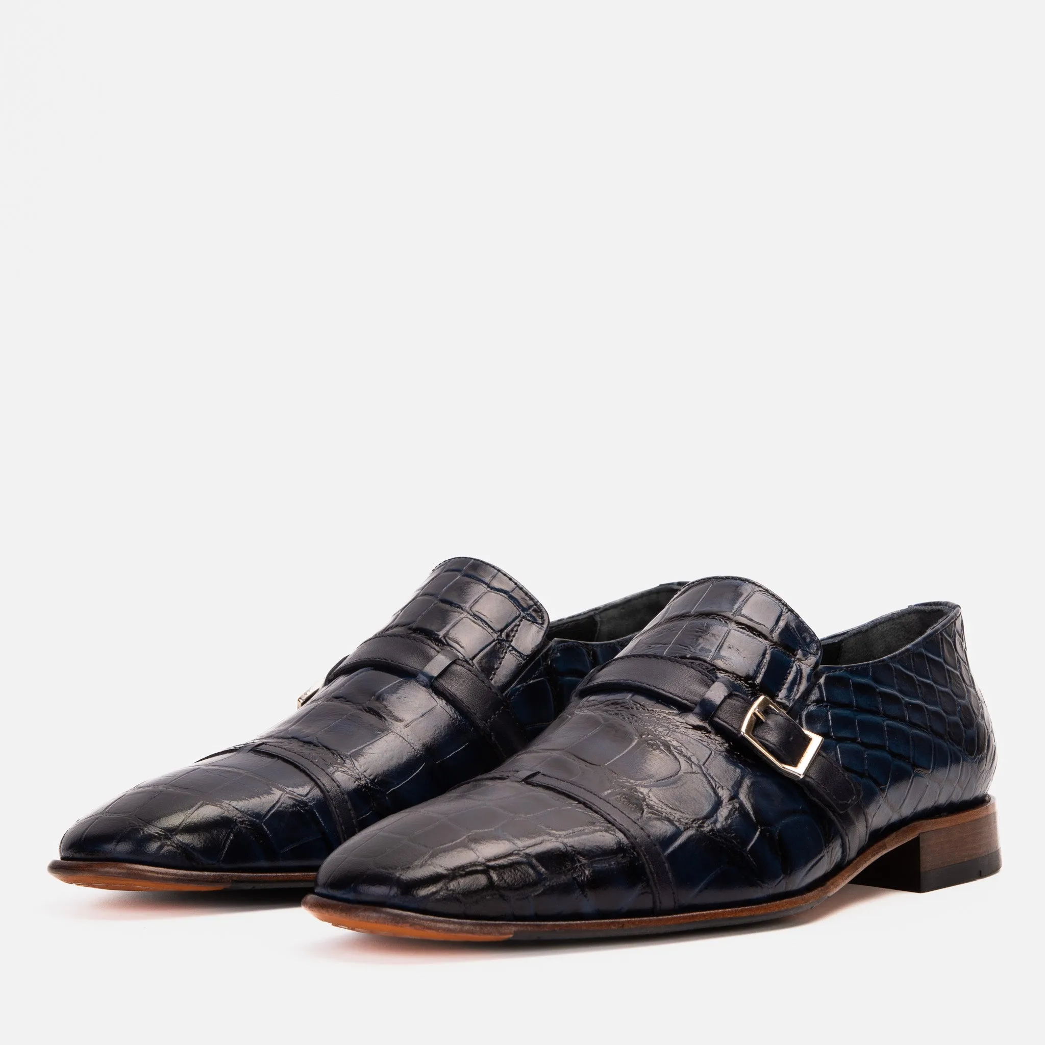 Sock-Fit The Strat Single Monk Strap Cap Toe Navy Leather Handmade Men Shoe