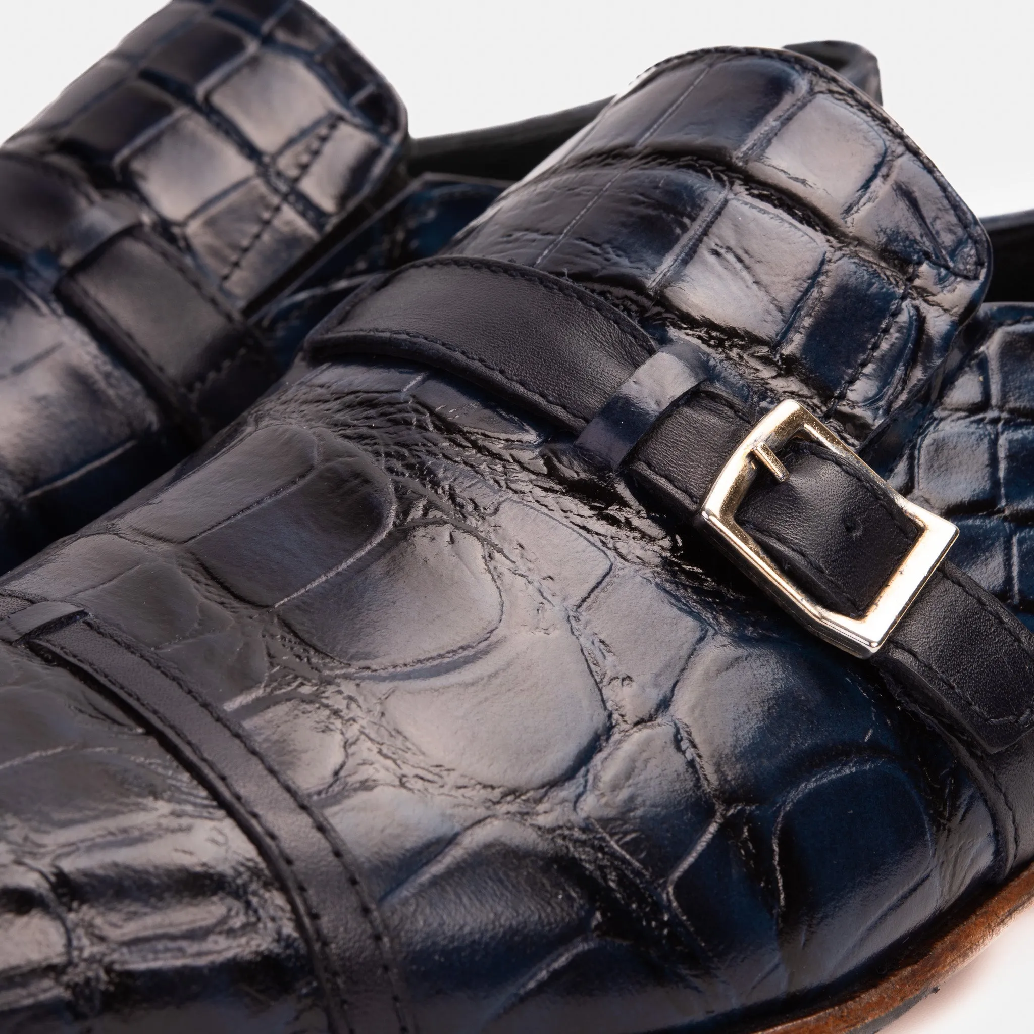 Sock-Fit The Strat Single Monk Strap Cap Toe Navy Leather Handmade Men Shoe