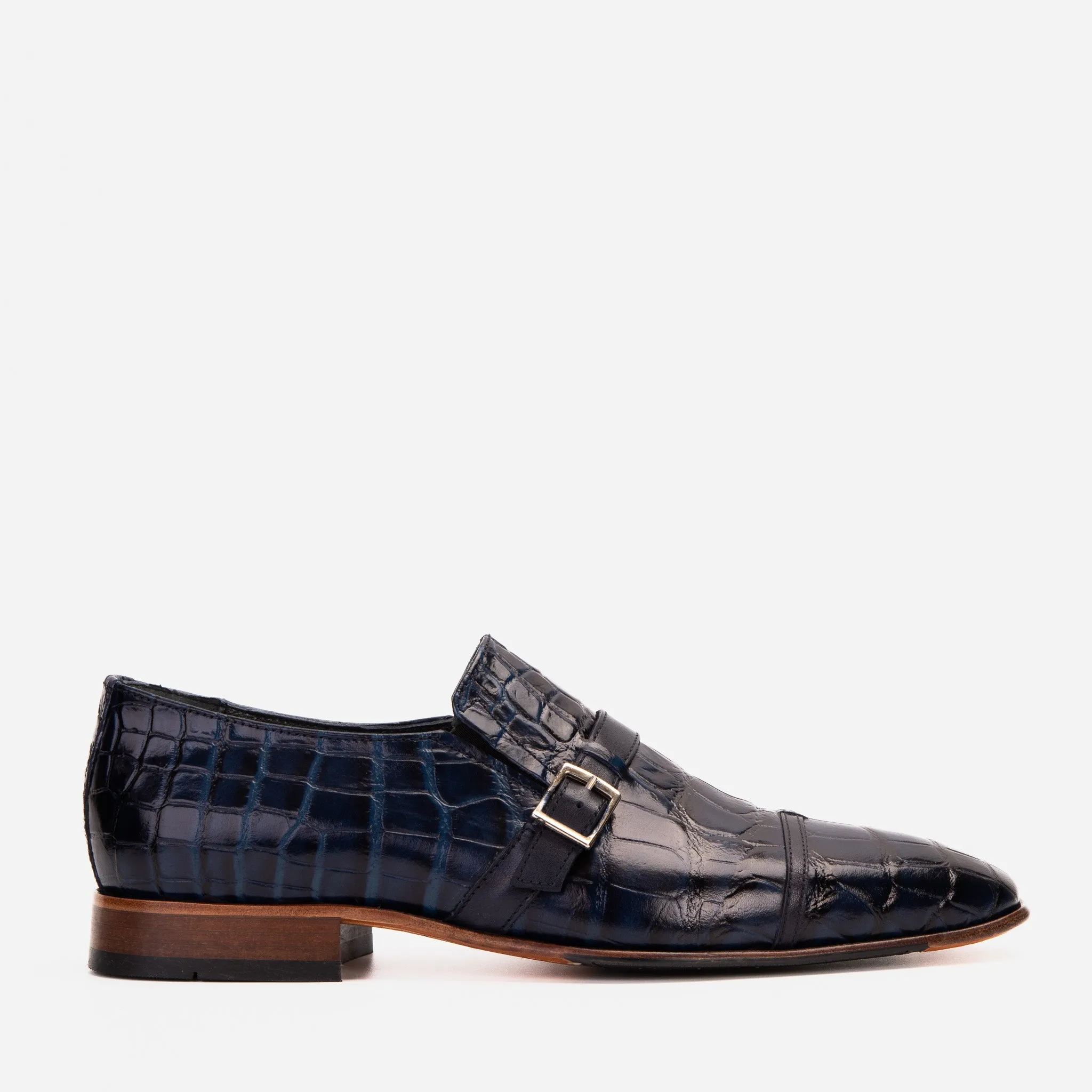 The Strat Single Monk Strap Cap Toe Navy Leather Handmade Men Shoe Soft High Top
