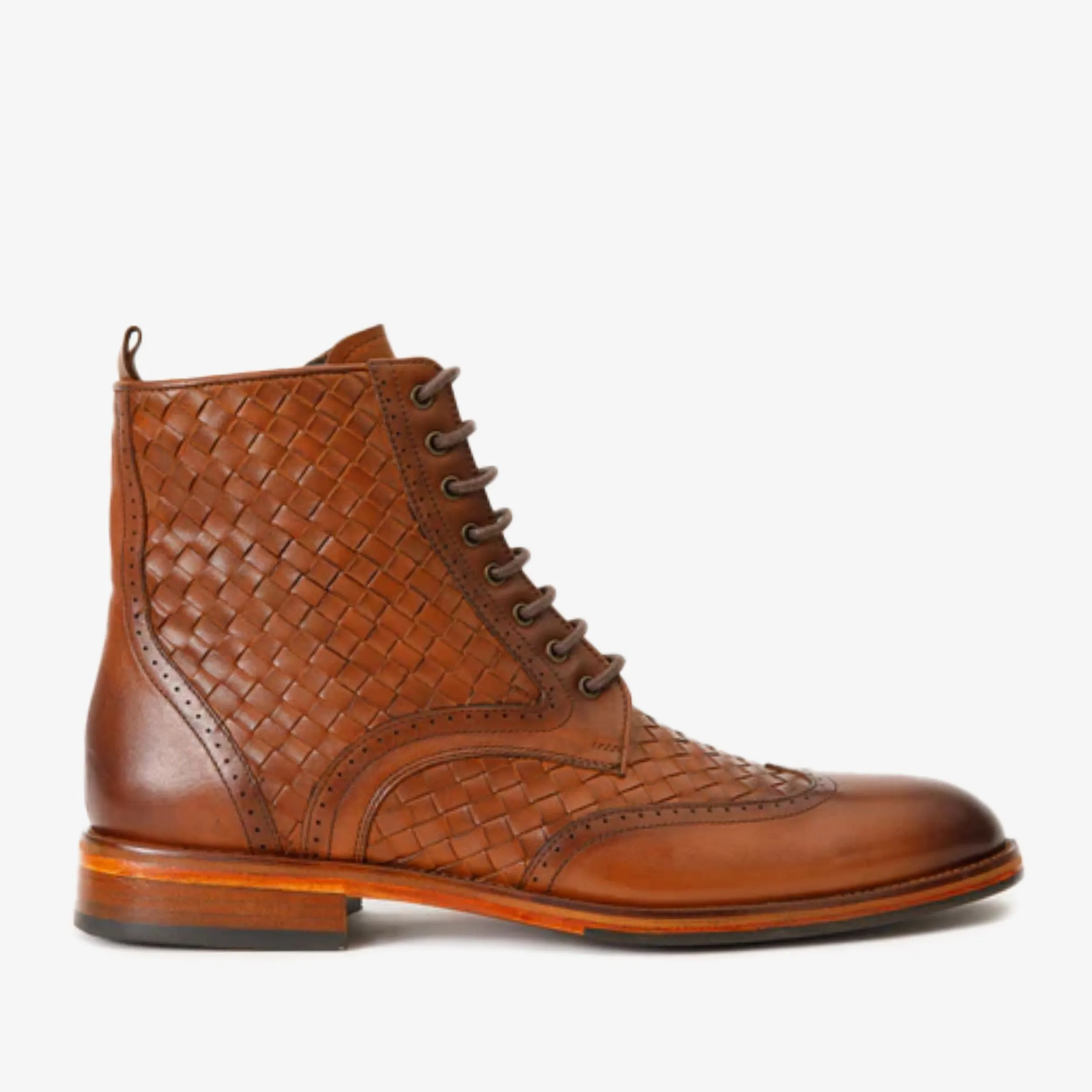 The Loddon Tan Leather Wingtip Brogue Handwoven Lace-Up Men Boot with a Zipper Flexible