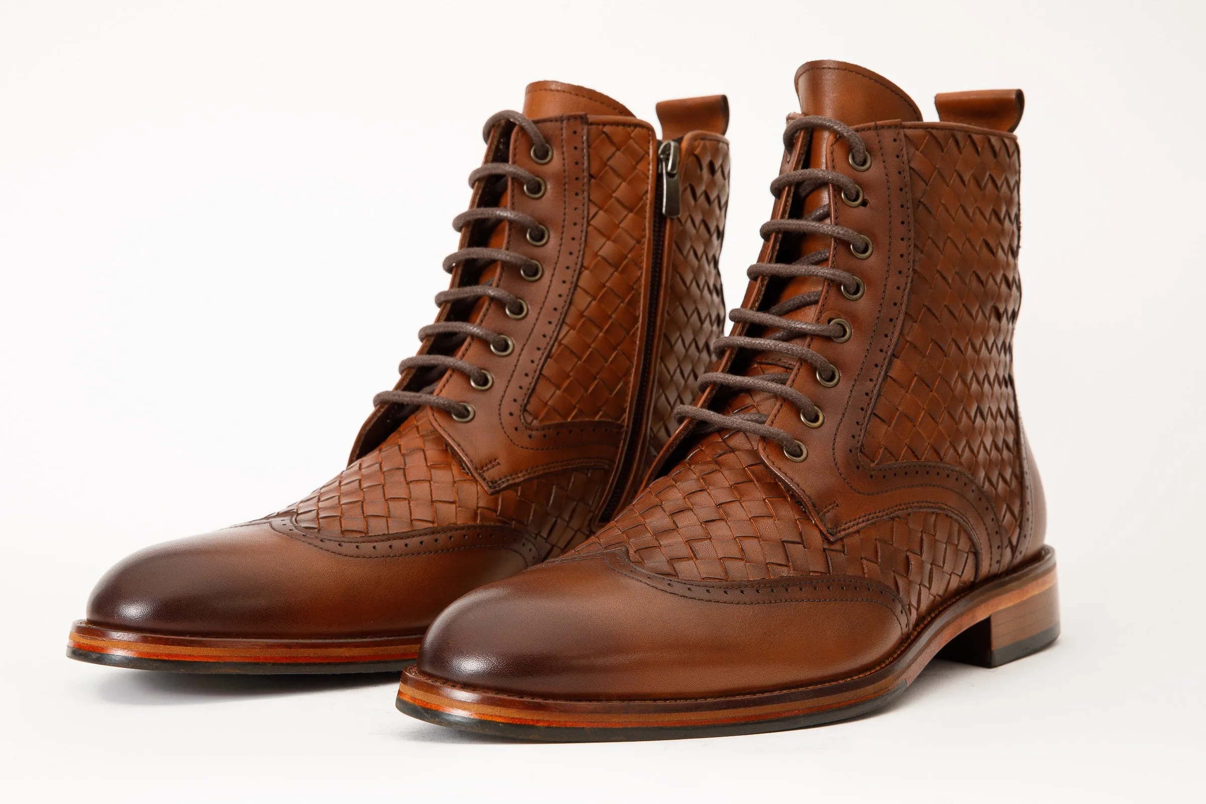 Stable The Loddon Tan Leather Wingtip Brogue Handwoven Lace-Up Men Boot with a Zipper